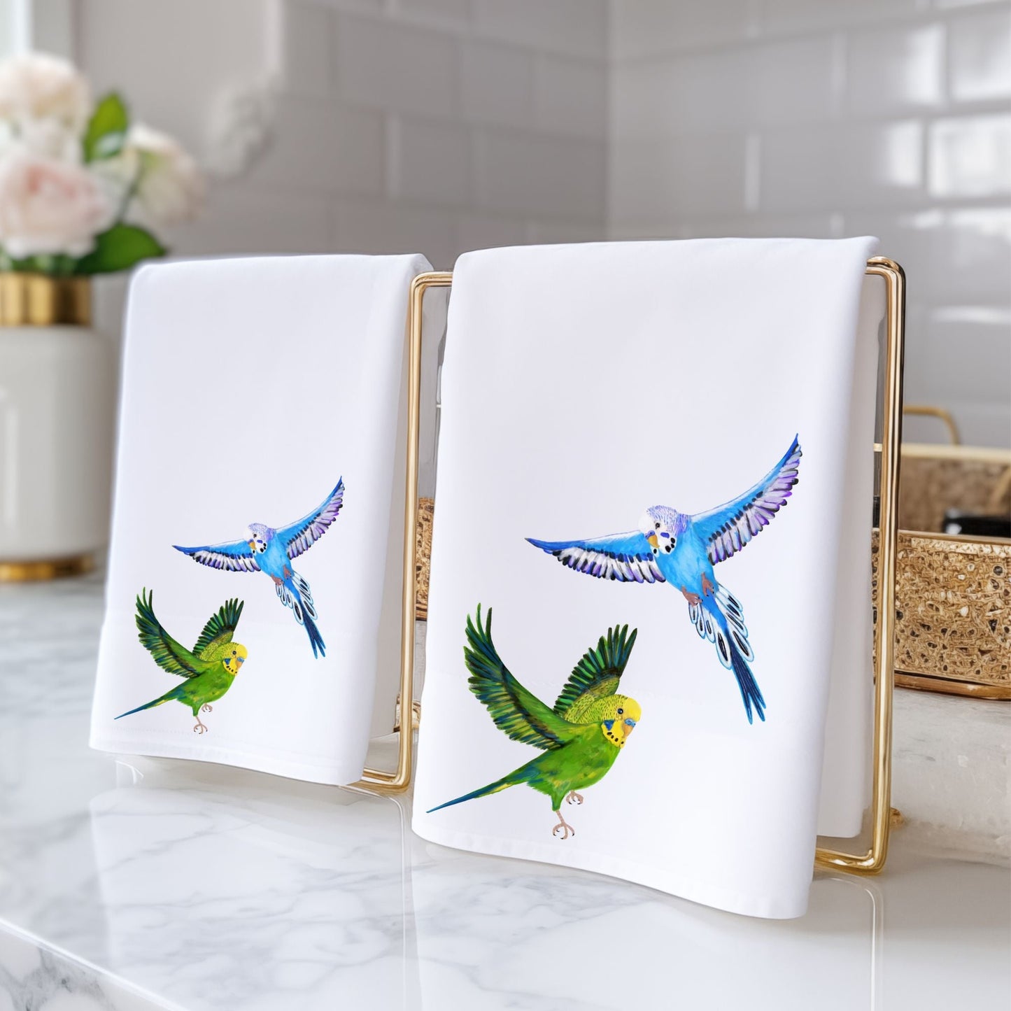 Green and Blue Flying Budgies Bathroom Towel - MerikaArt