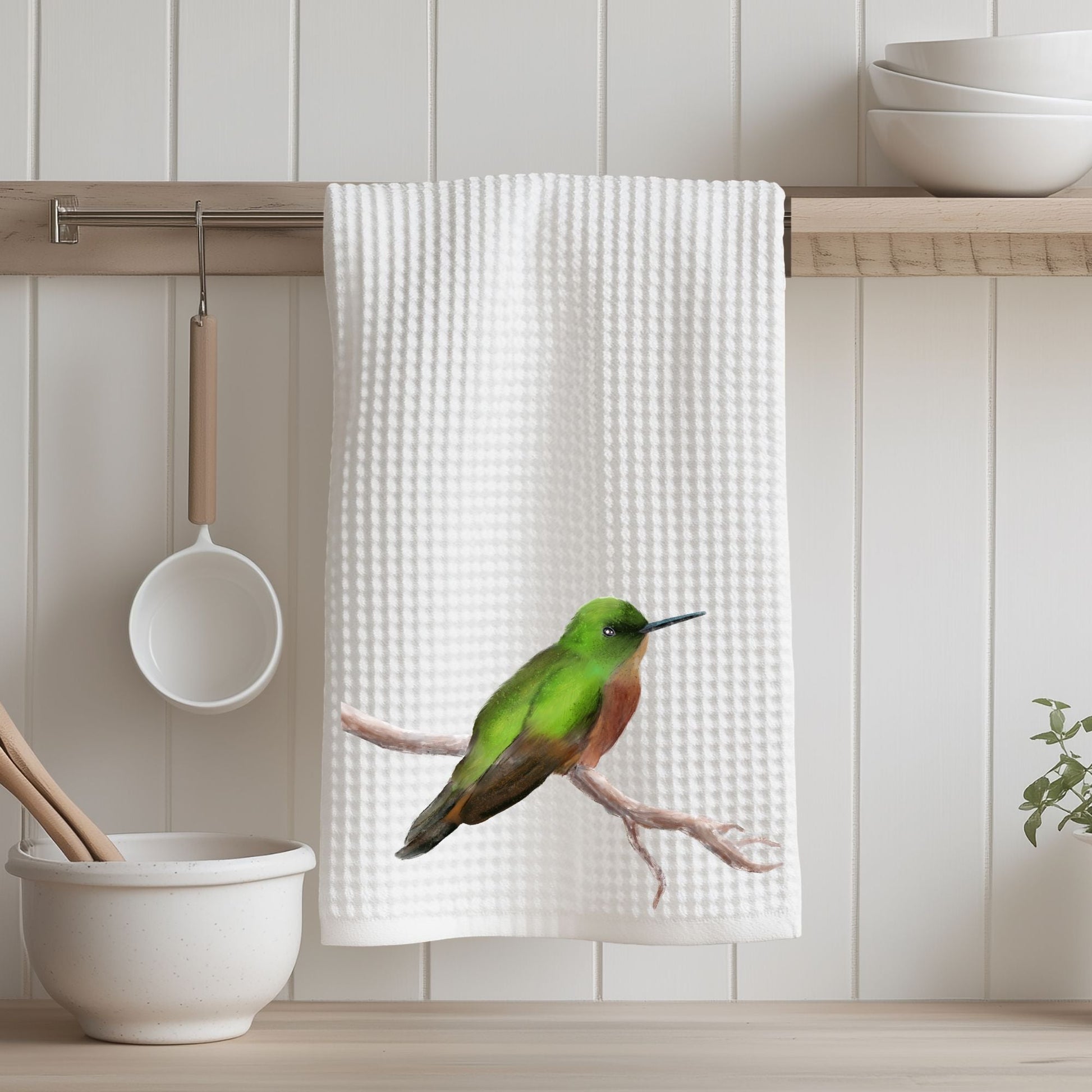 Green and Brown Bird Kitchen Towel - MerikaArt