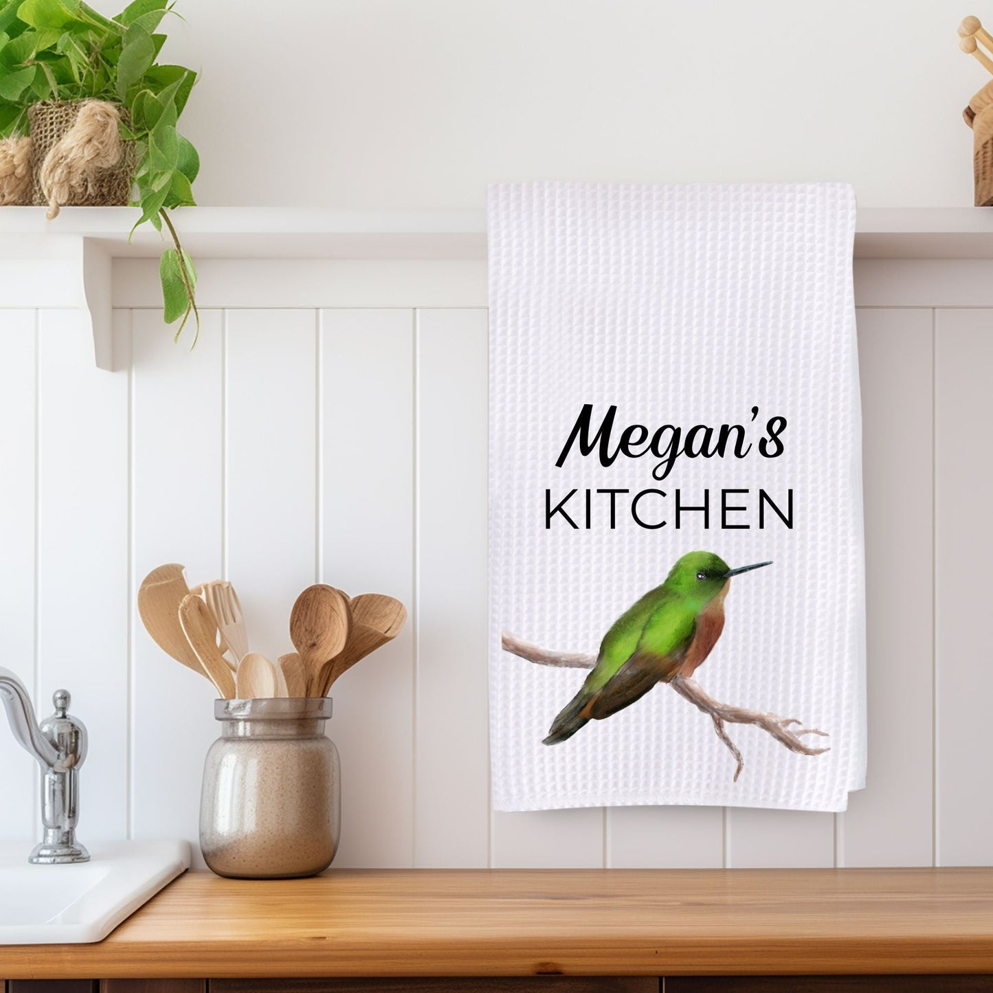 Green and Brown Bird Kitchen Towel - MerikaArt