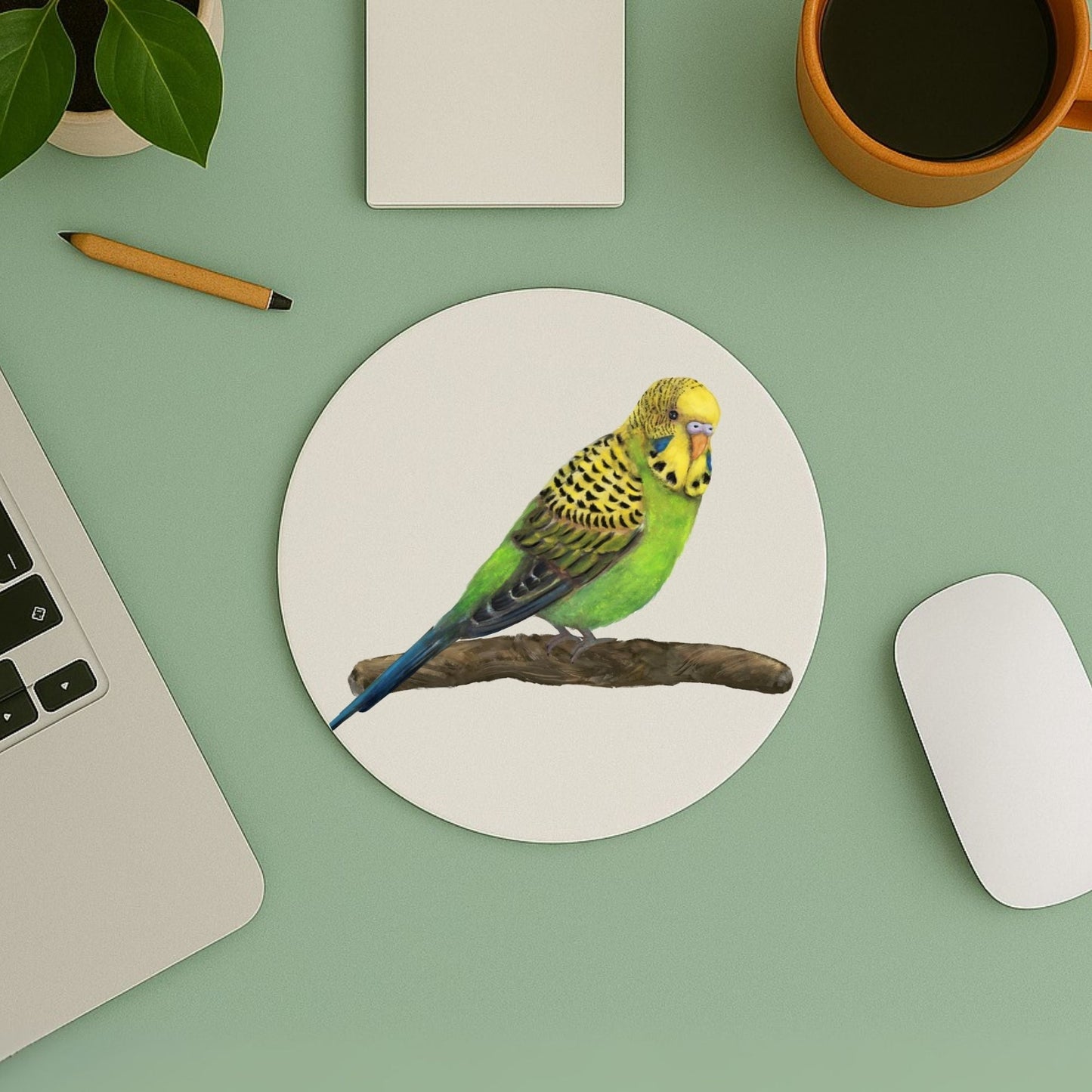 Green and Yellow Budgerigar Mousepad - MerikaArt