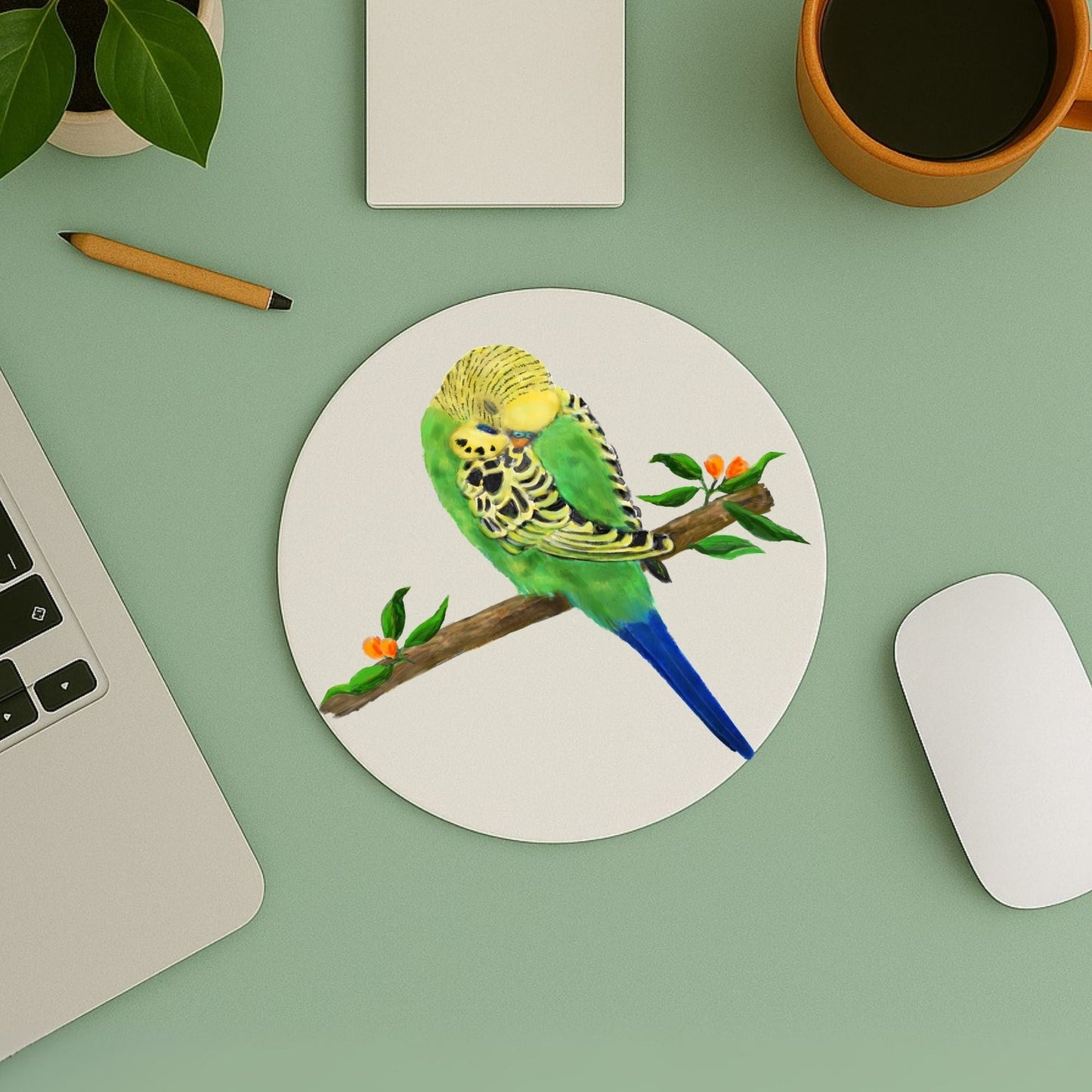 Green and Yellow Budgie Mousepad - MerikaArt
