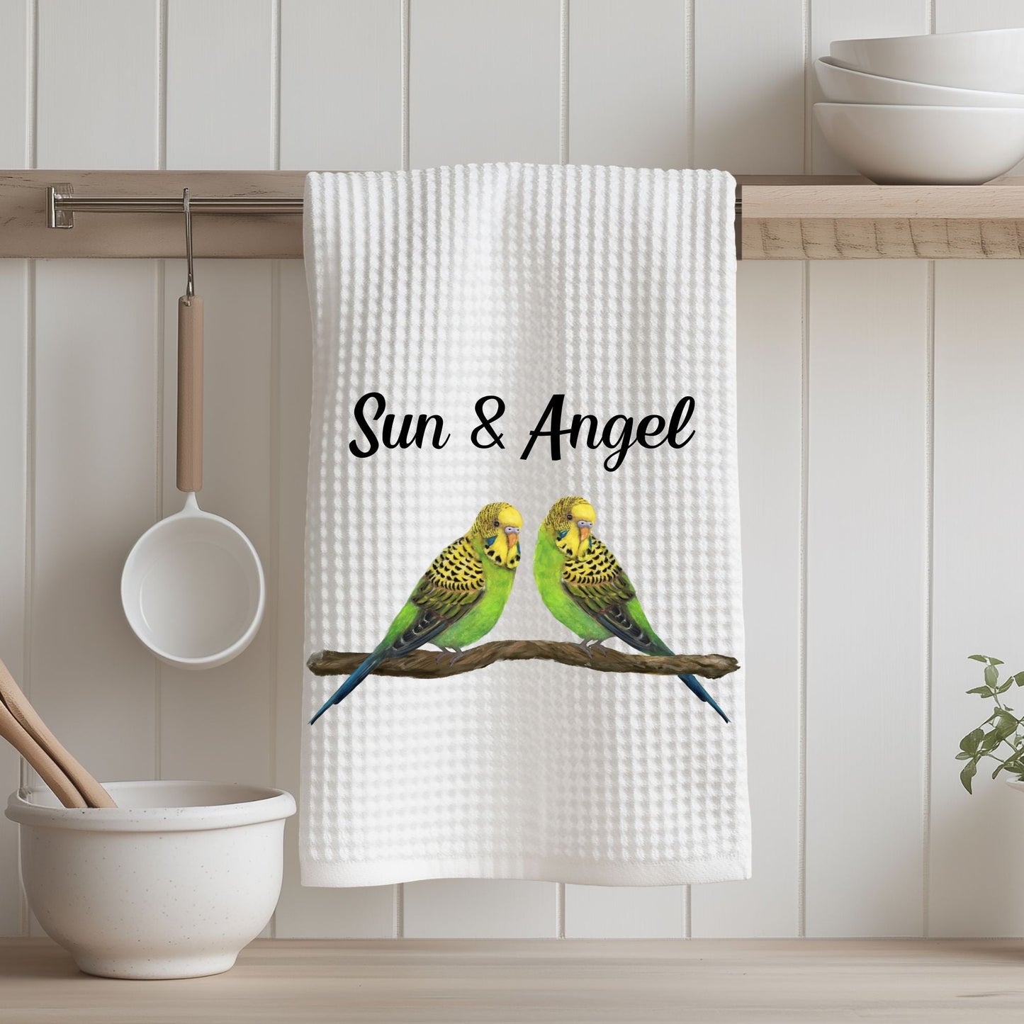 Green Budgerigars Kitchen Towel - MerikaArt
