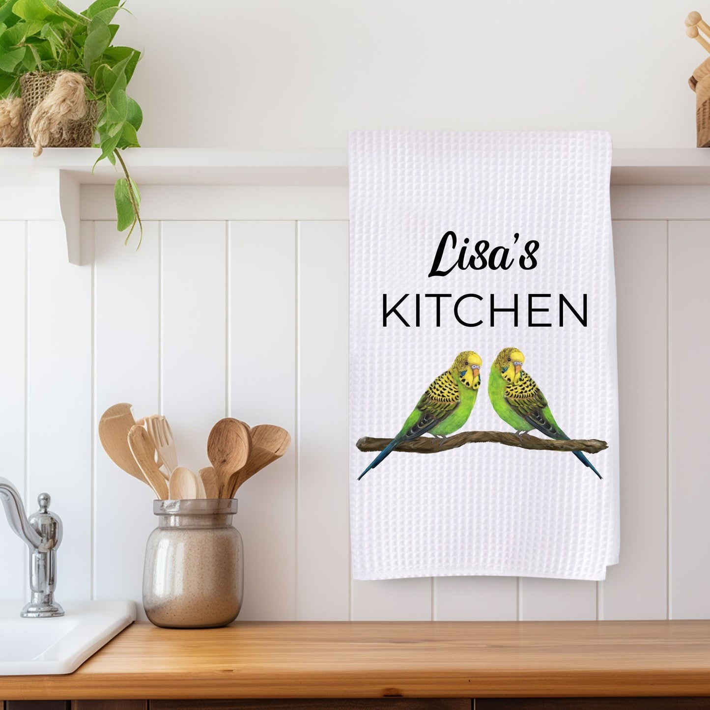 Green Budgerigars Kitchen Towel - MerikaArt