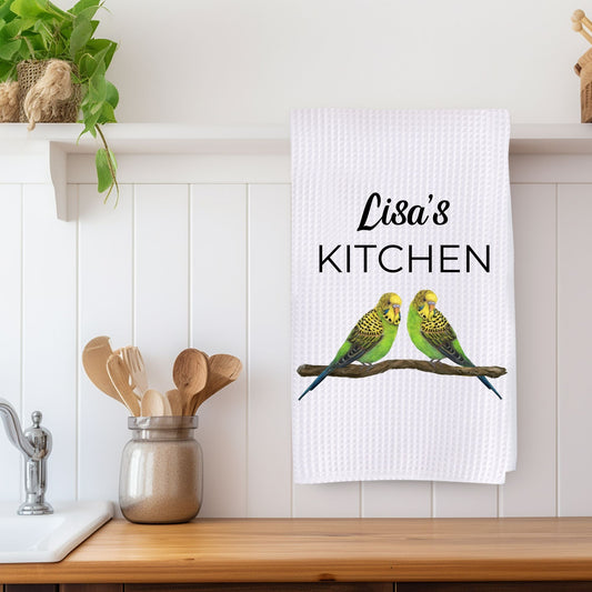 Green Budgerigars Kitchen Towel - MerikaArt