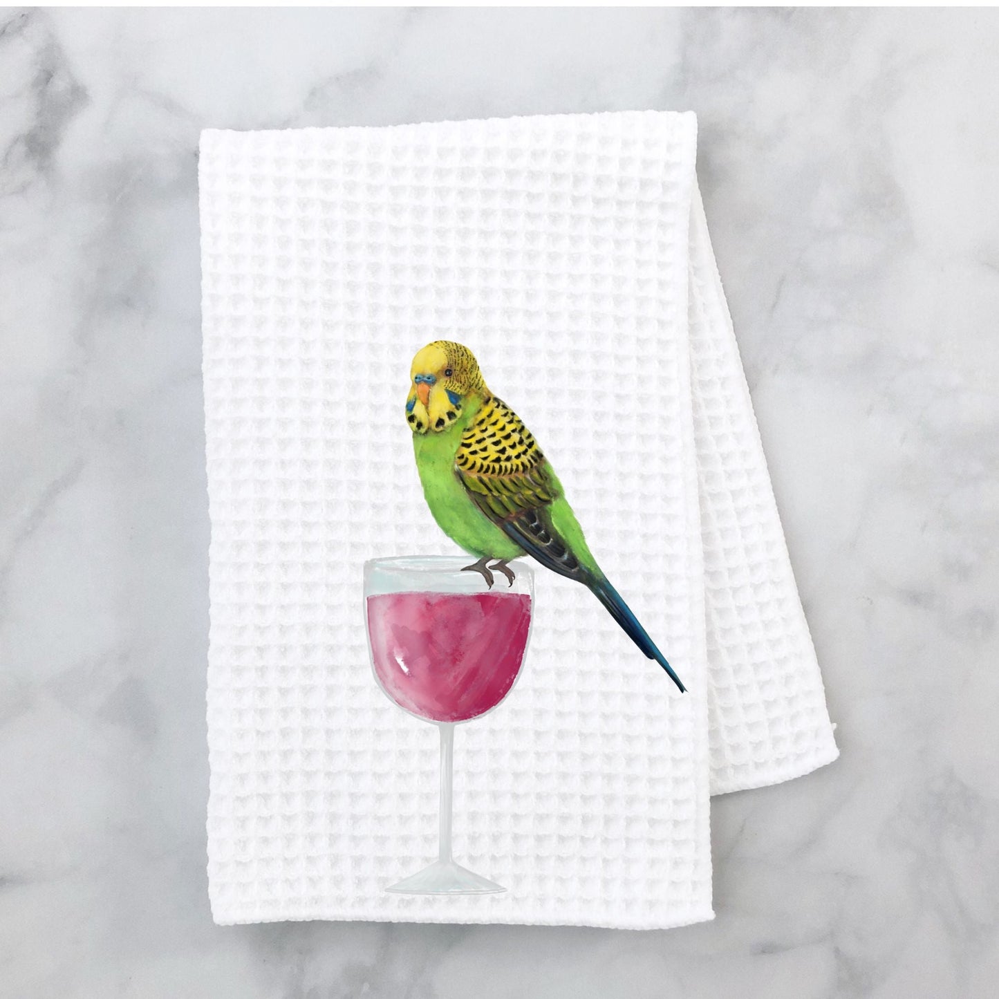 Green Budgie and Wine Glass Kitchen Towel - MerikaArt