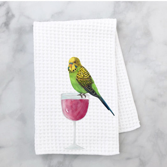 Green Budgie and Wine Glass Kitchen Towel - MerikaArt