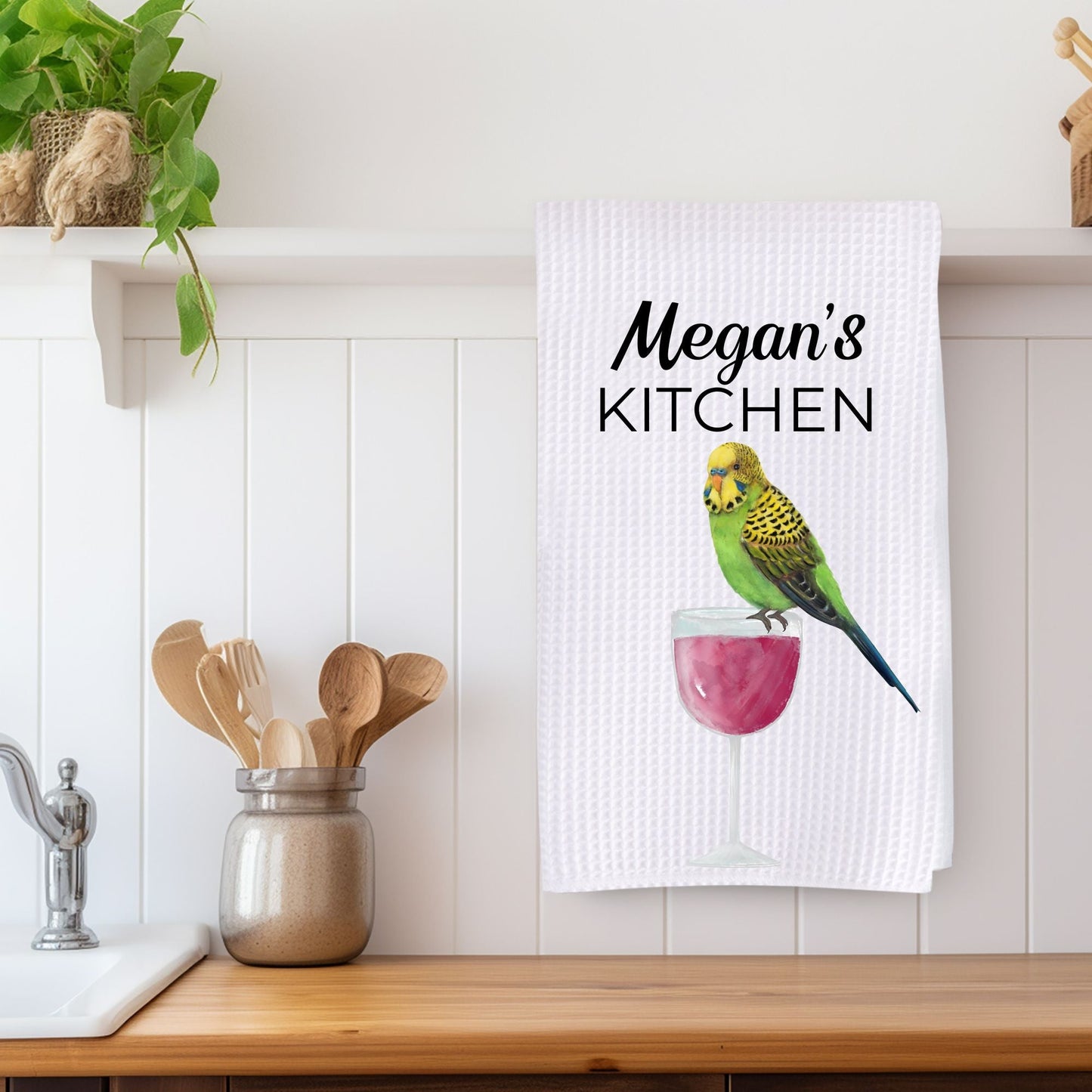 Green Budgie and Wine Glass Kitchen Towel - MerikaArt