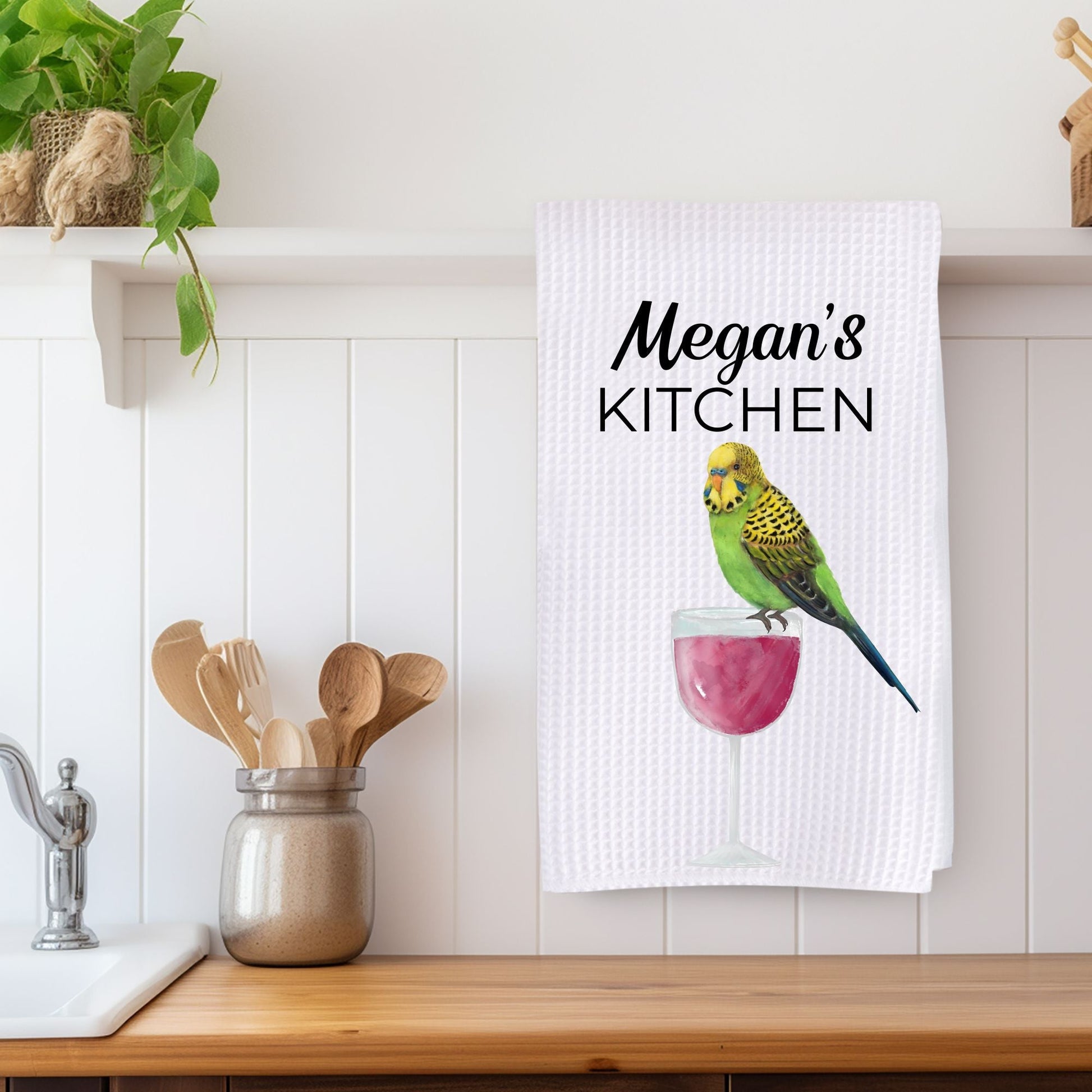 Green Budgie and Wine Glass Kitchen Towel - MerikaArt
