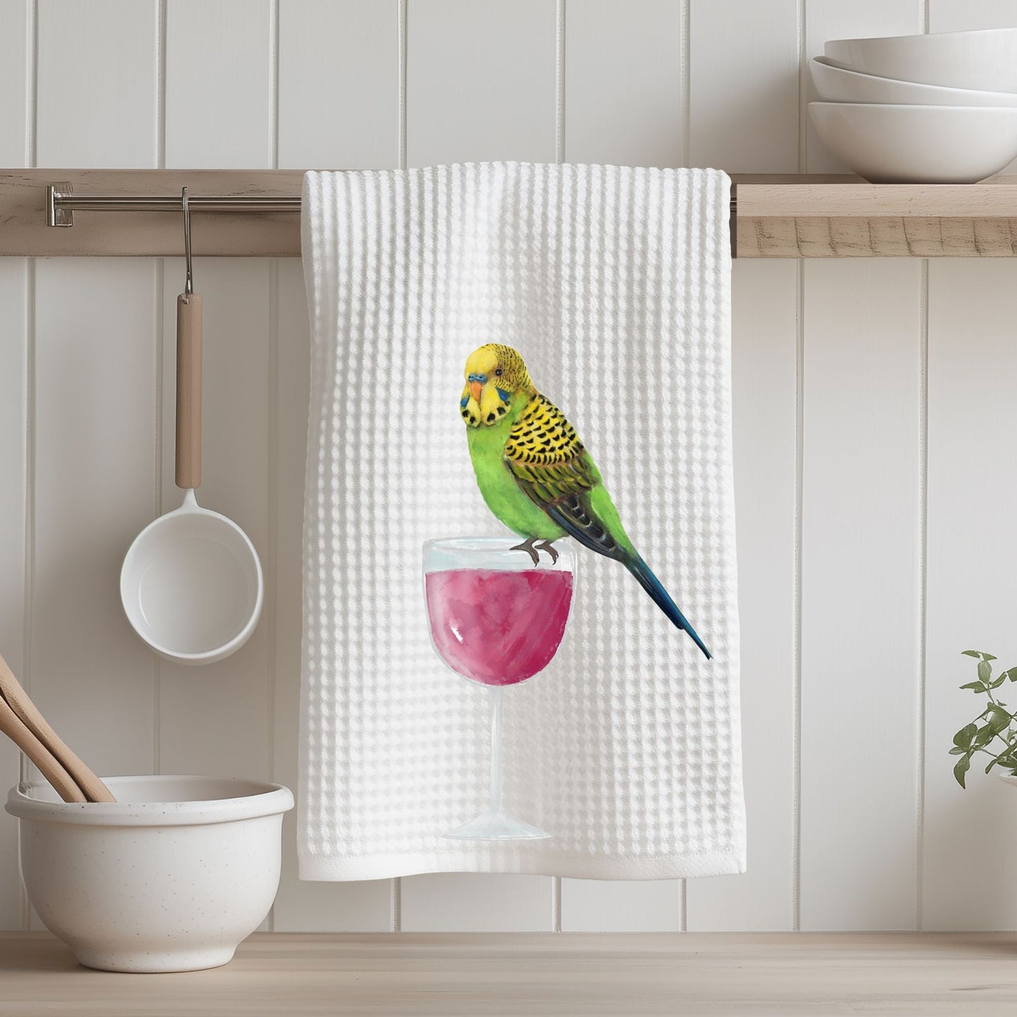 Green Budgie and Wine Glass Kitchen Towel - MerikaArt