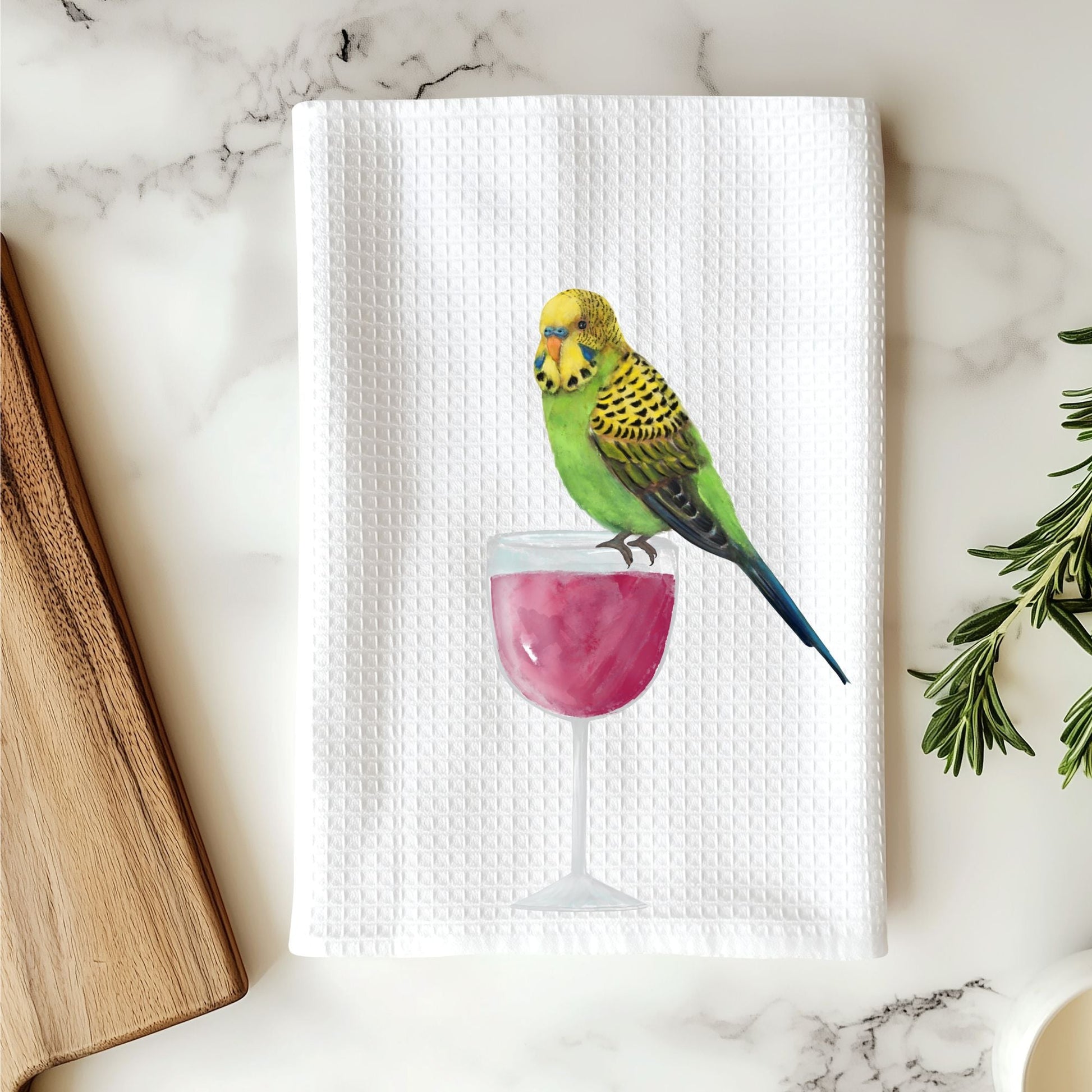 Green Budgie and Wine Glass Kitchen Towel - MerikaArt