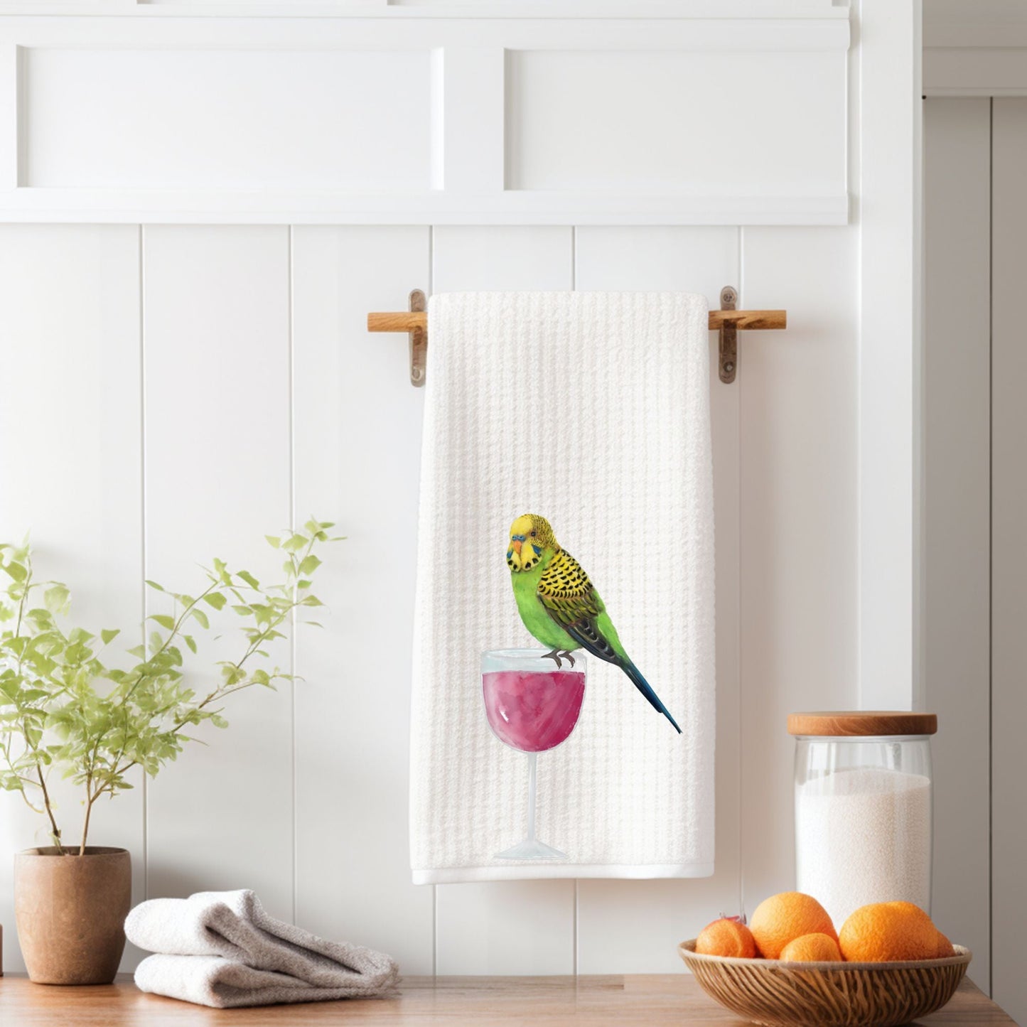 Green Budgie and Wine Glass Kitchen Towel - MerikaArt