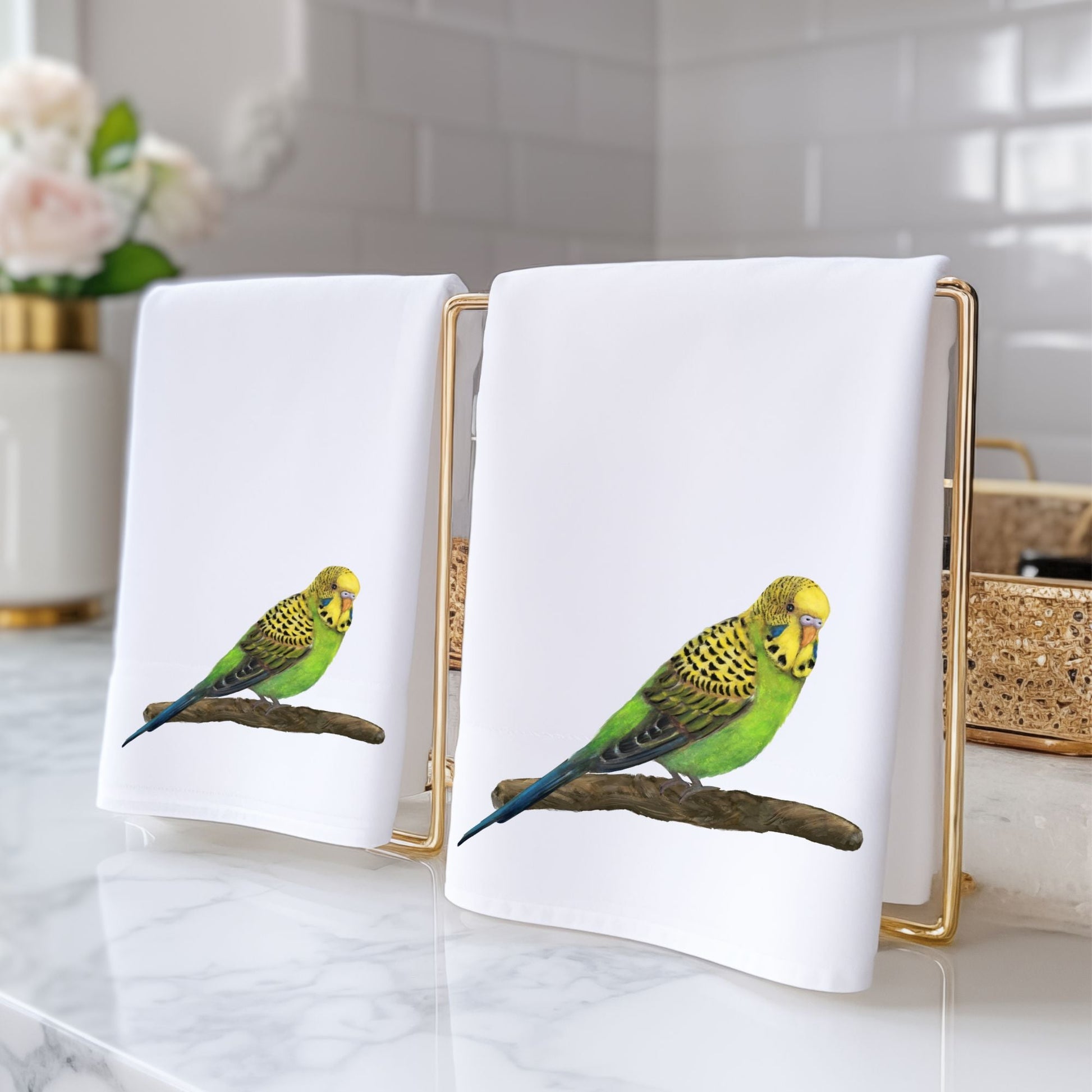 Green Budgie Bathroom Towel - MerikaArt
