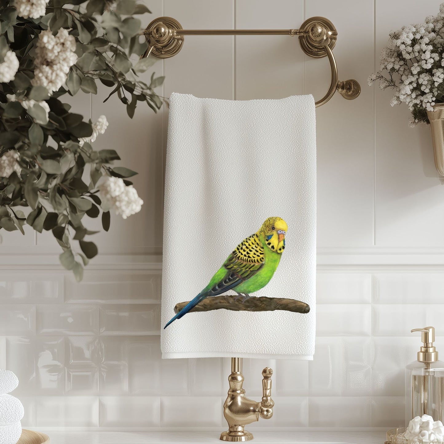 Green Budgie Bathroom Towel - MerikaArt