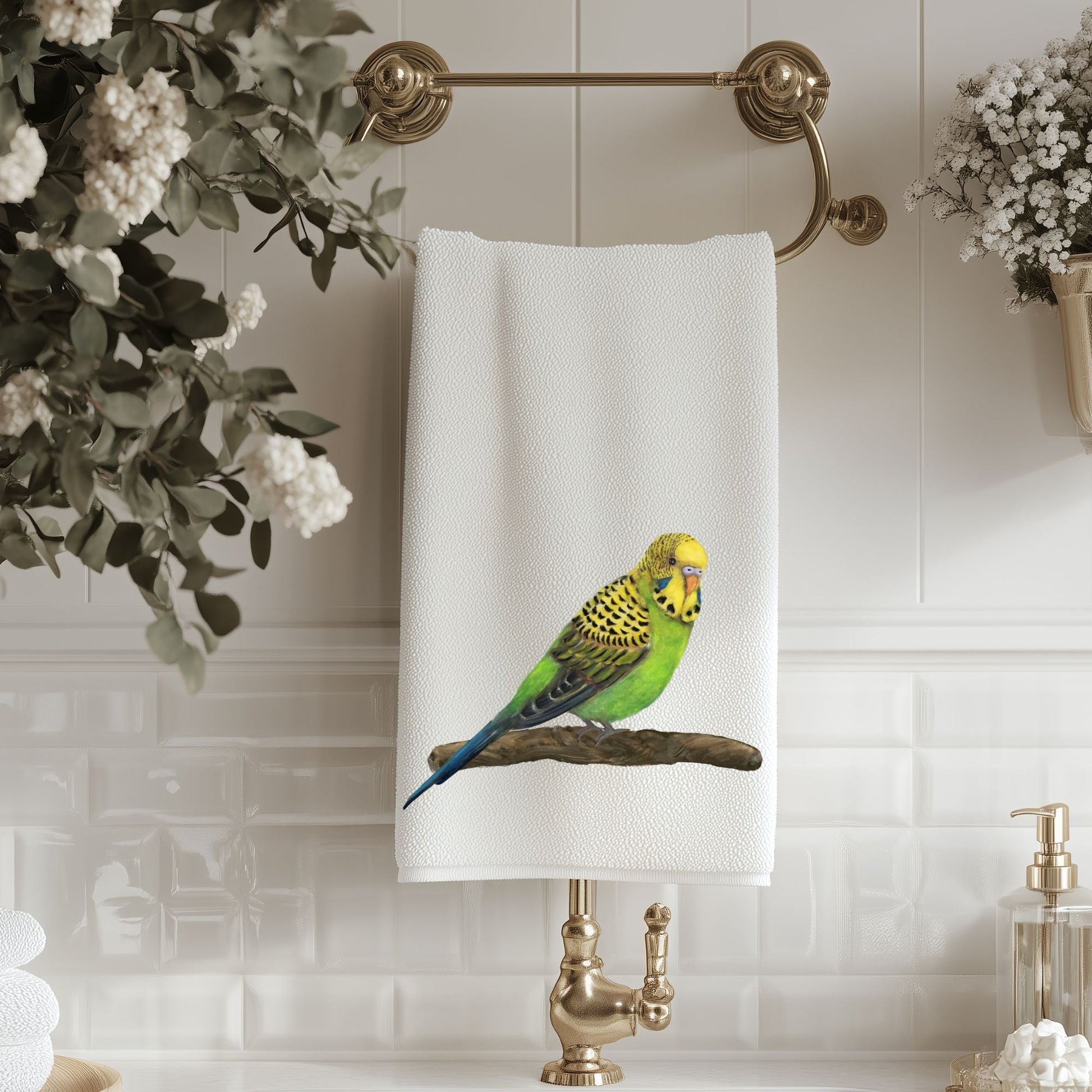 Green Budgie Bathroom Towel - MerikaArt
