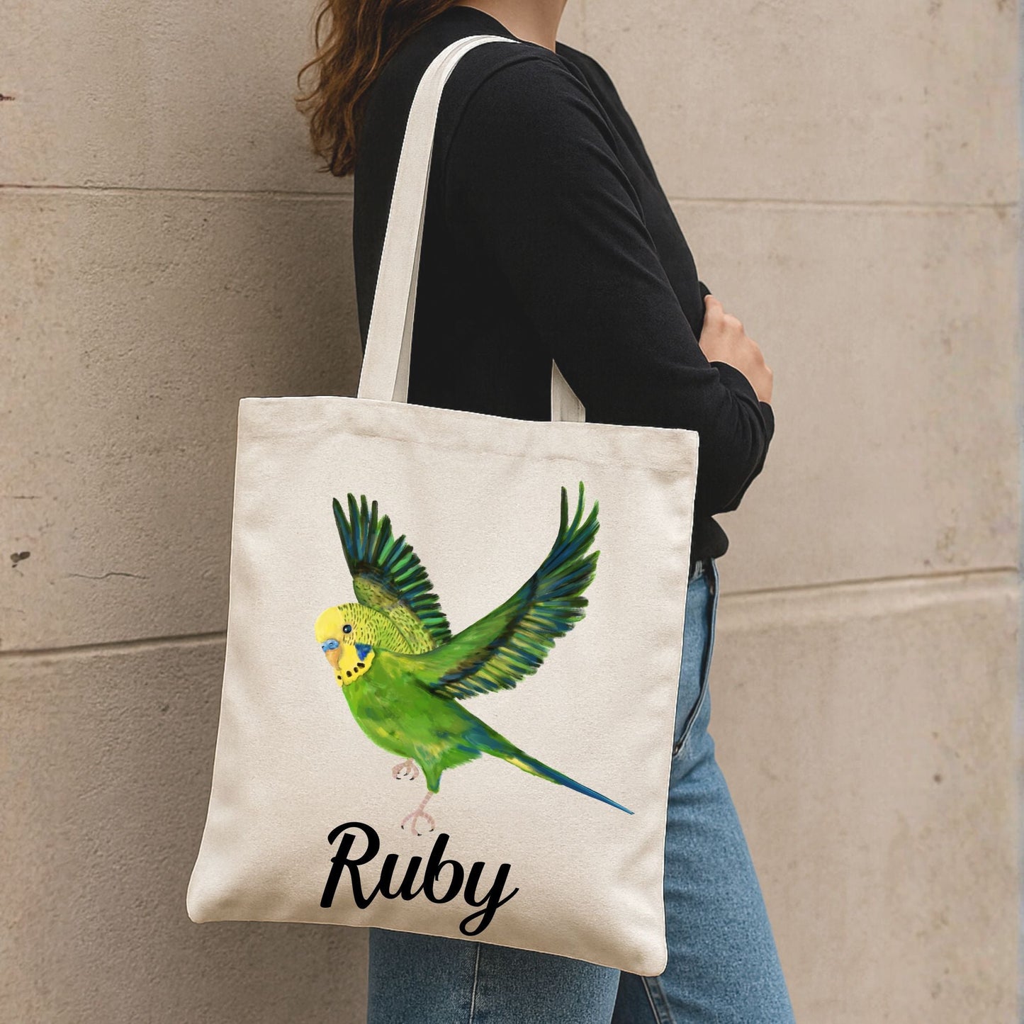 Green Budgie Canvas Tote Bag - MerikaArt