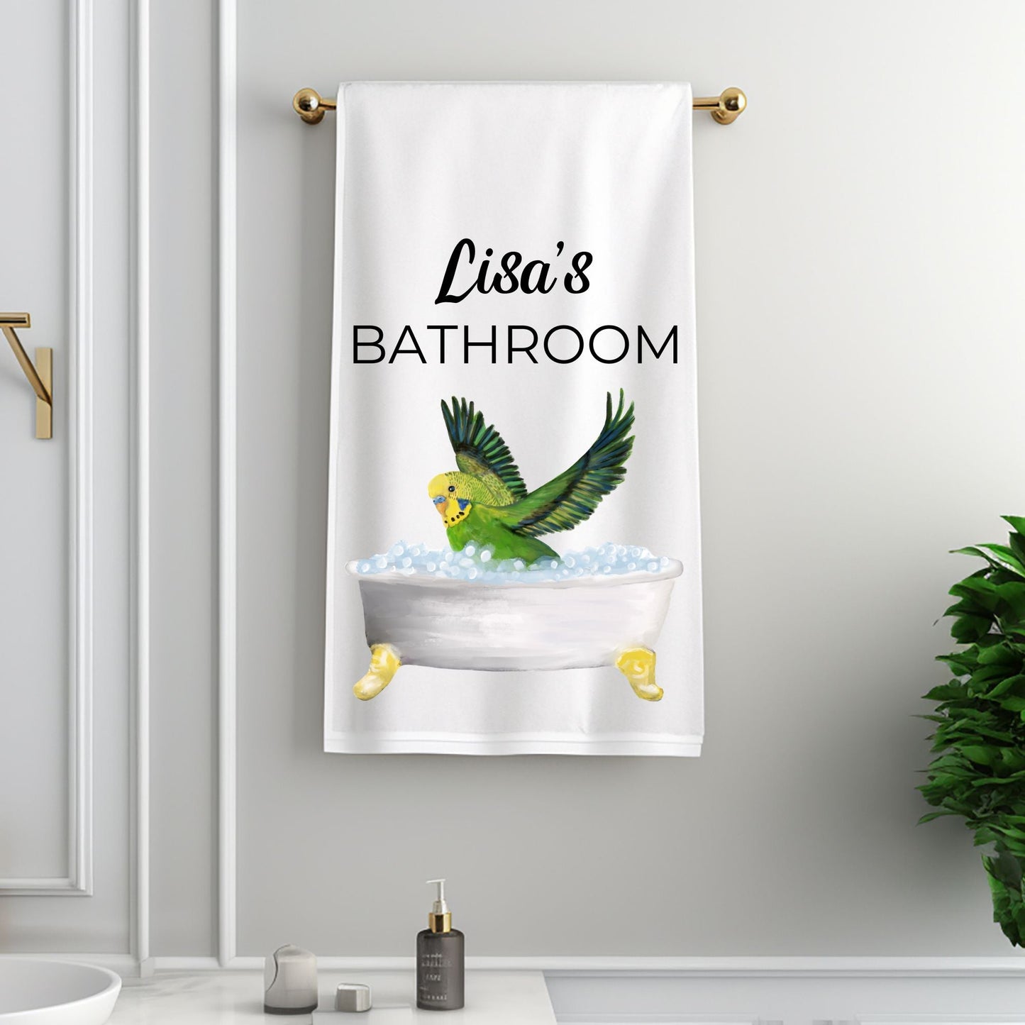 Green Budgie in Bathtub Bathroom Towel - MerikaArt