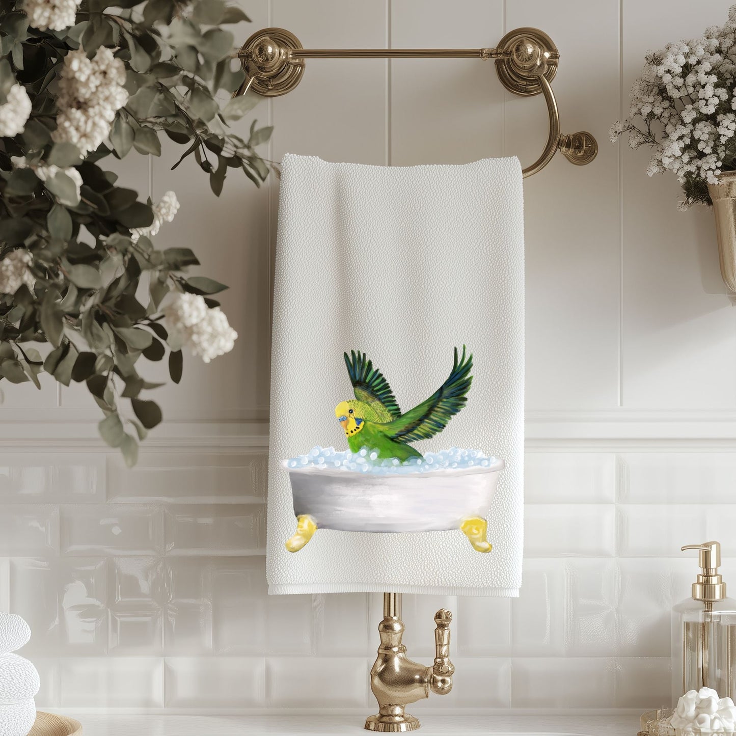 Green Budgie in Bathtub Bathroom Towel - MerikaArt