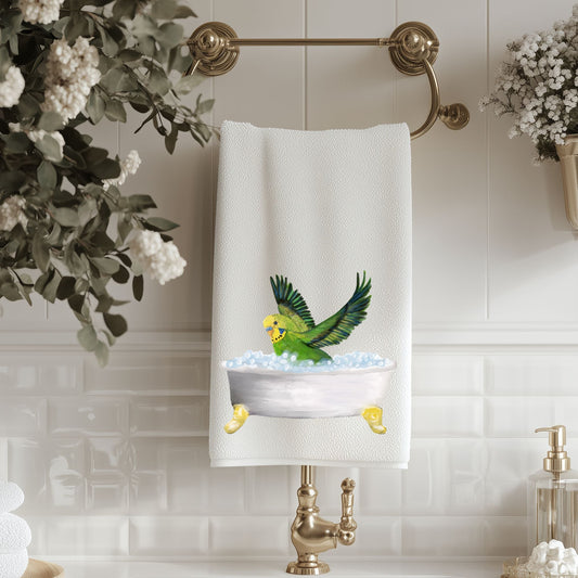 Green Budgie in Bathtub Bathroom Towel - MerikaArt