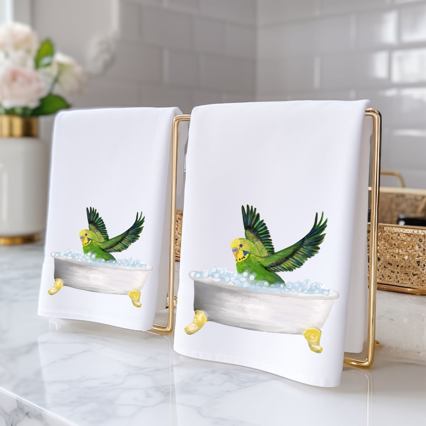 Green Budgie in Bathtub Bathroom Towel - MerikaArt