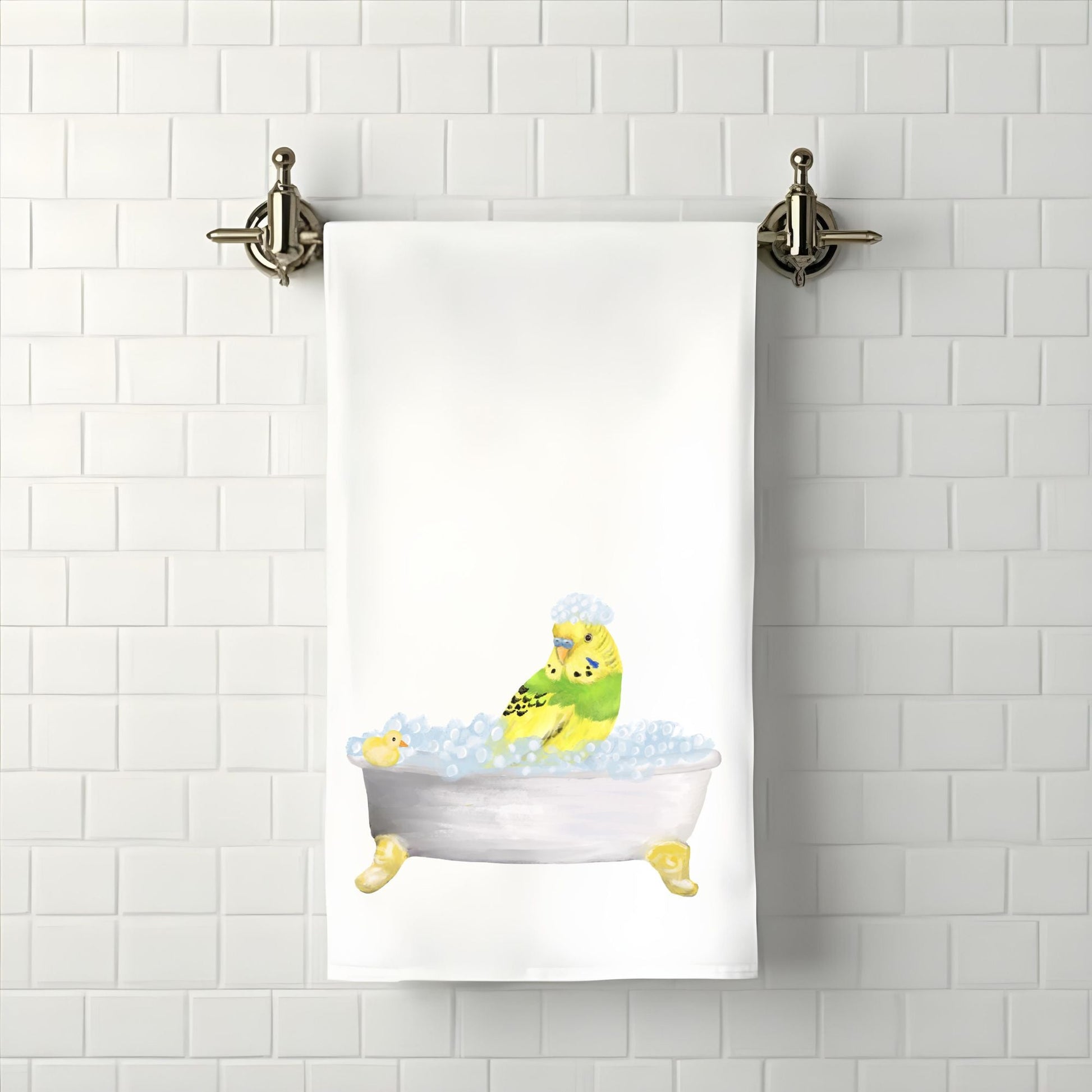 Green Budgie in Bathtub Bathroom Towel - MerikaArt