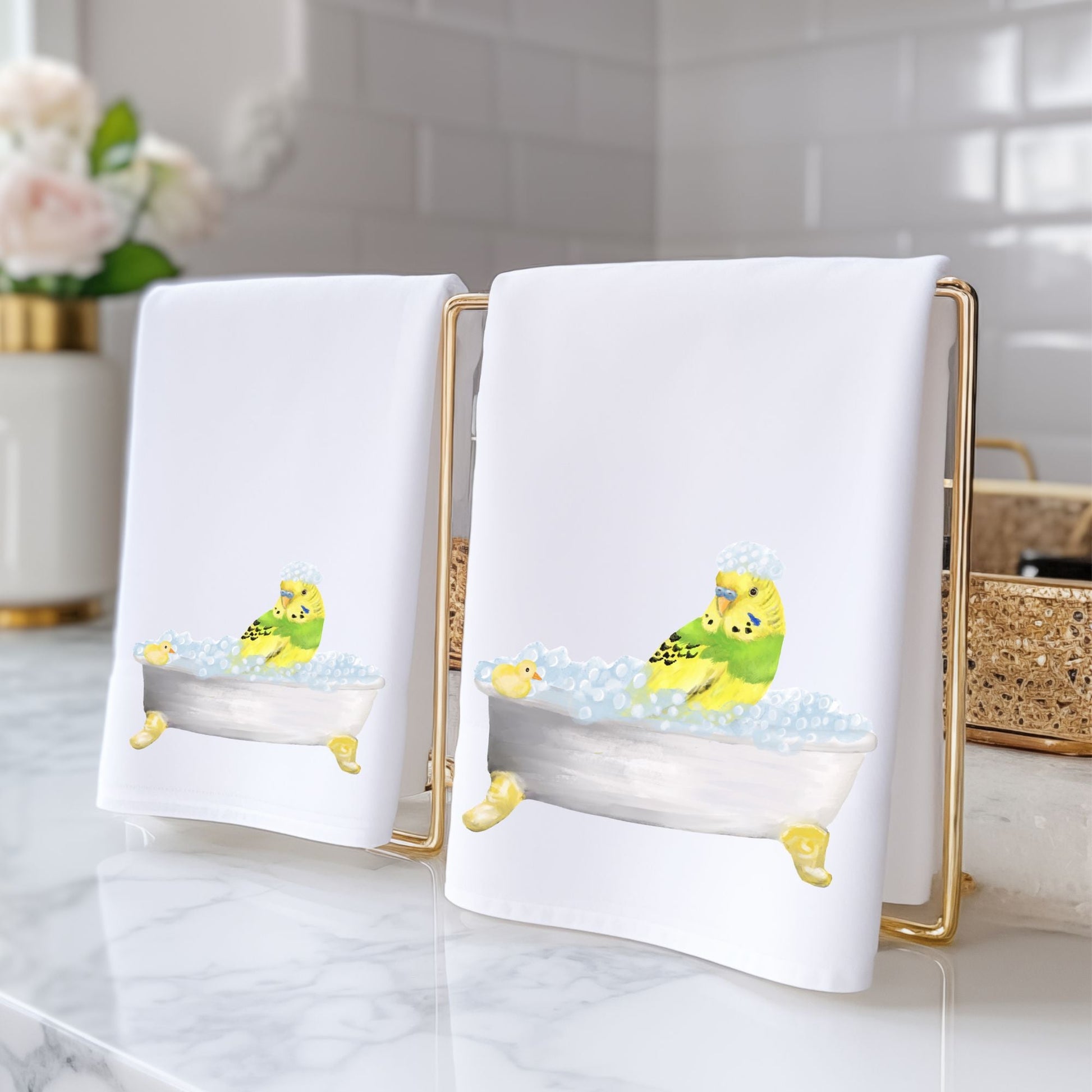 Green Budgie in Bathtub Bathroom Towel - MerikaArt