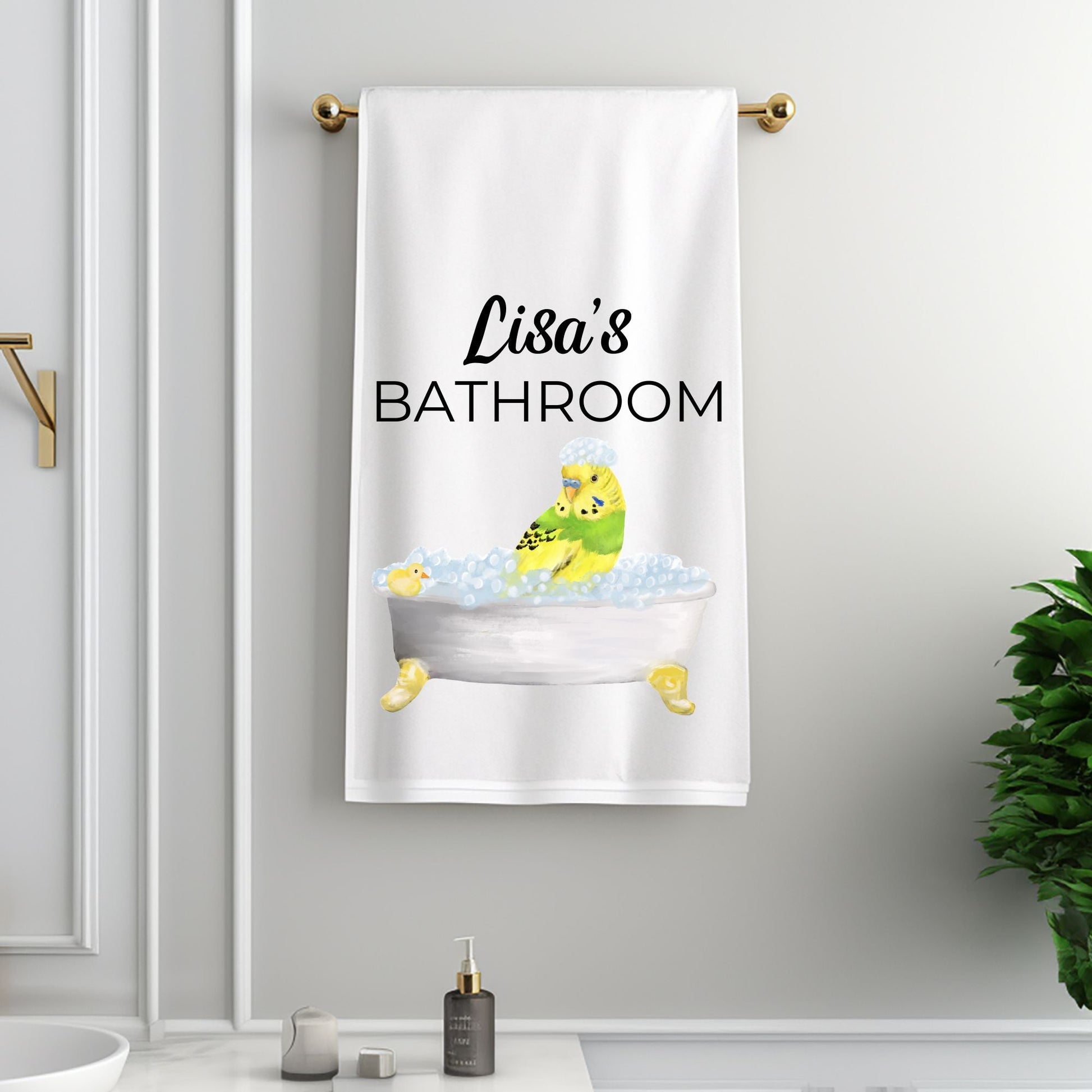 Green Budgie in Bathtub Bathroom Towel - MerikaArt