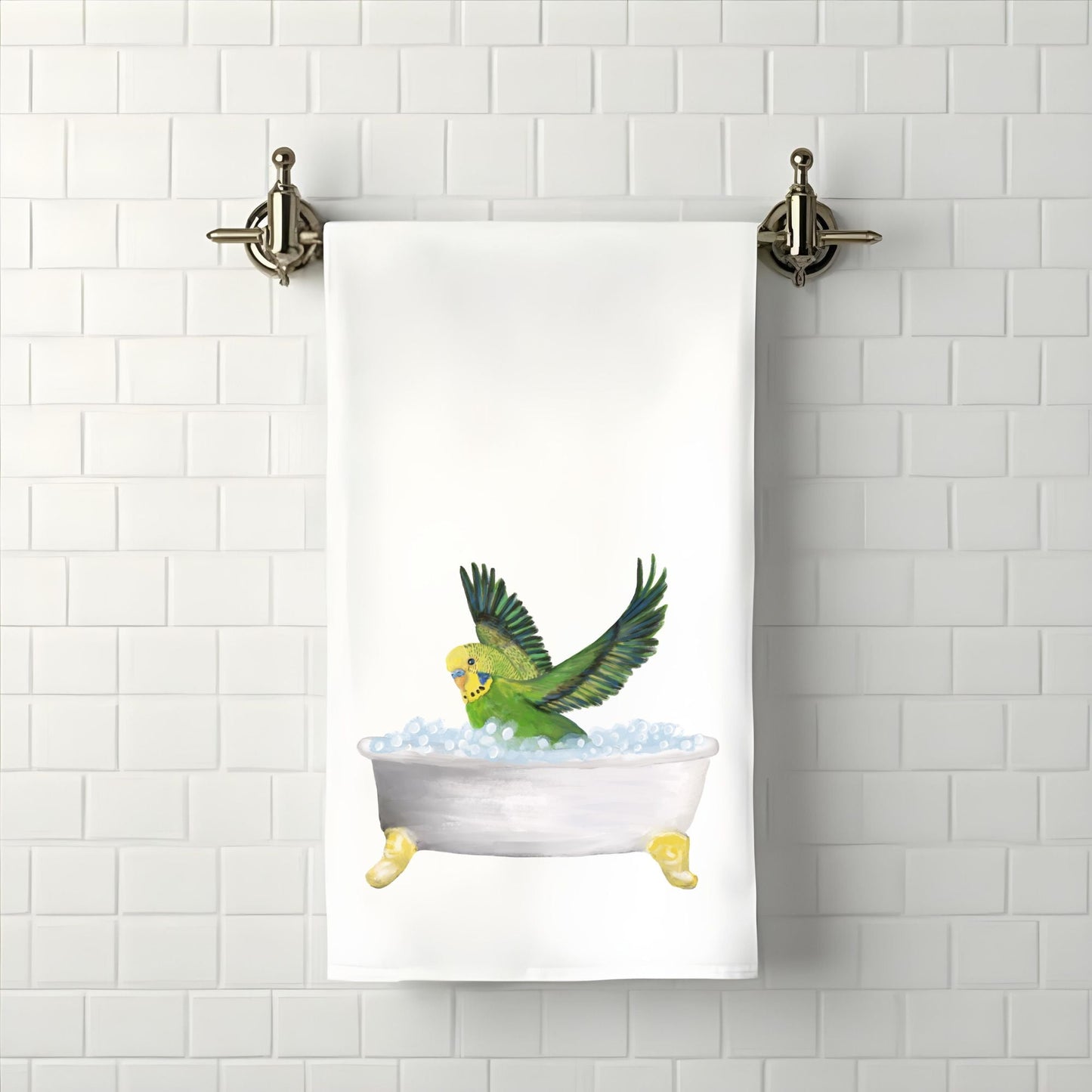 Green Budgie in Bathtub Bathroom Towel - MerikaArt