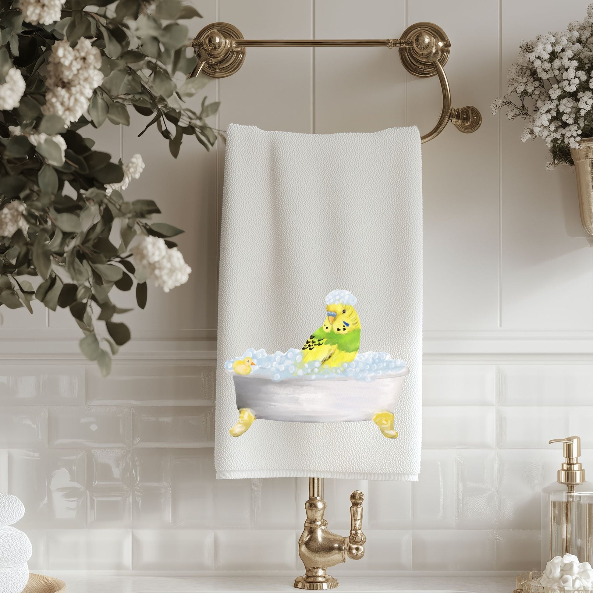 Green Budgie in Bathtub Bathroom Towel - MerikaArt