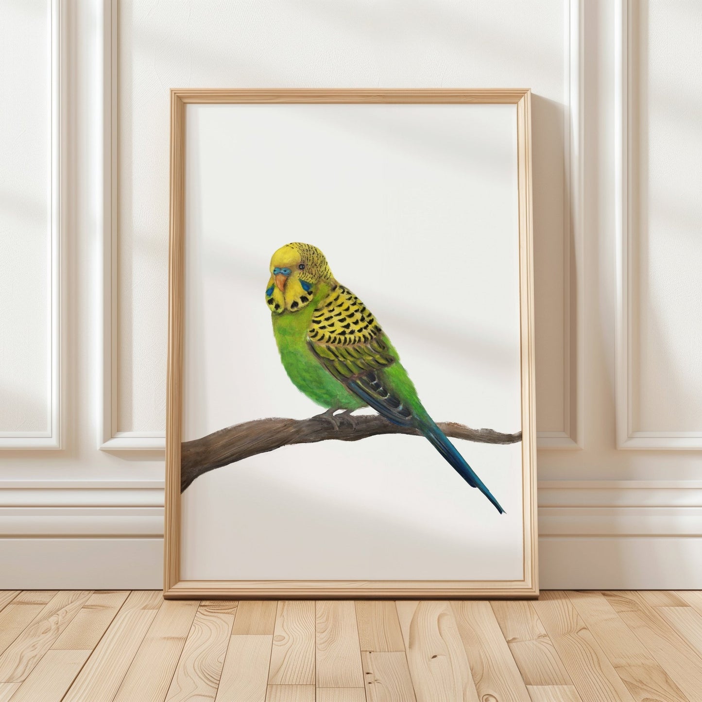 Green Budgie on Branch Art Print – Vibrant Bird Decor for Nature Lovers - MerikaArt