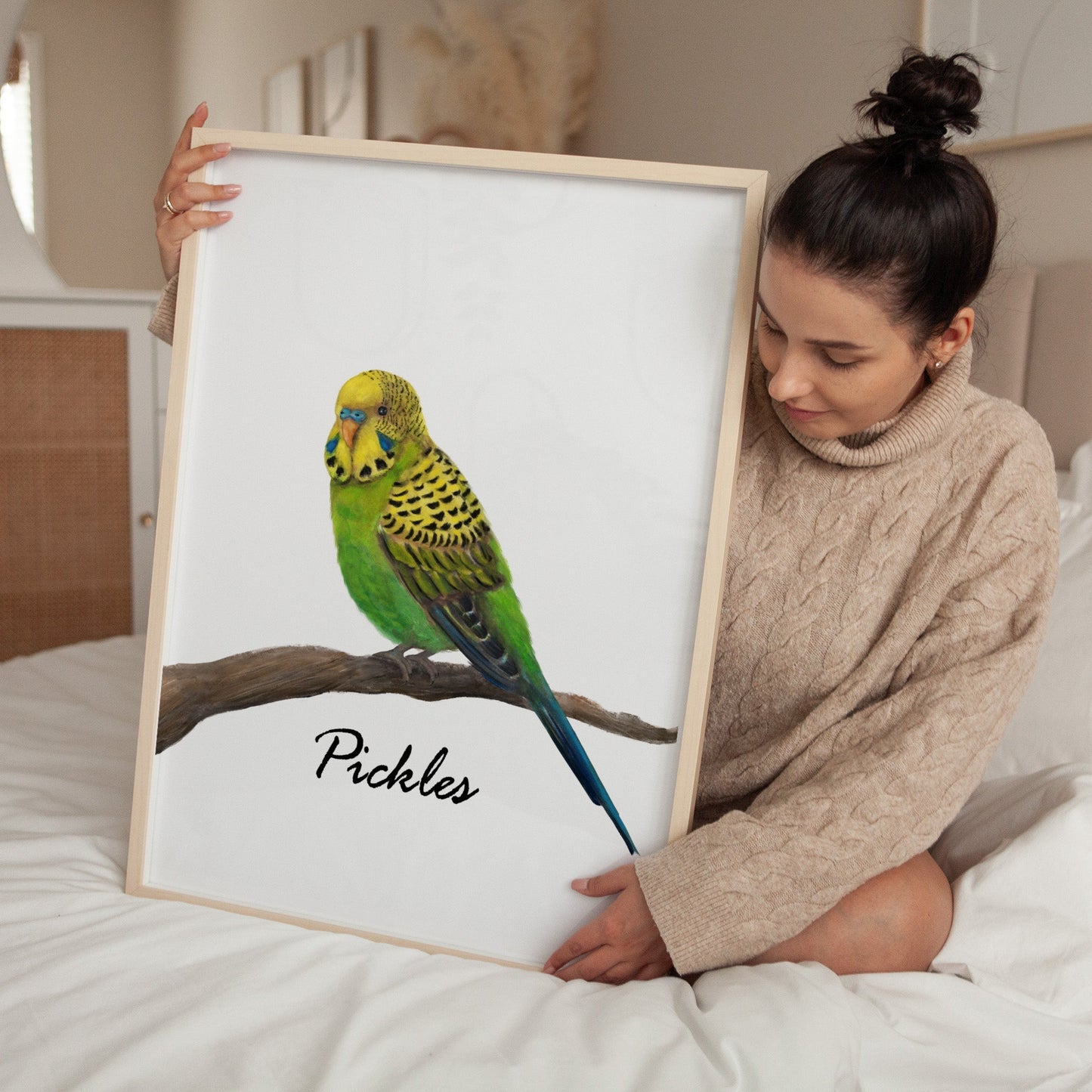 Green Budgie on Branch Art Print – Vibrant Bird Decor for Nature Lovers - MerikaArt