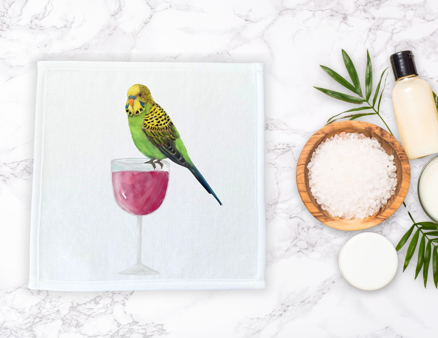Green Budgie on Wine Glass Washcloth - MerikaArt