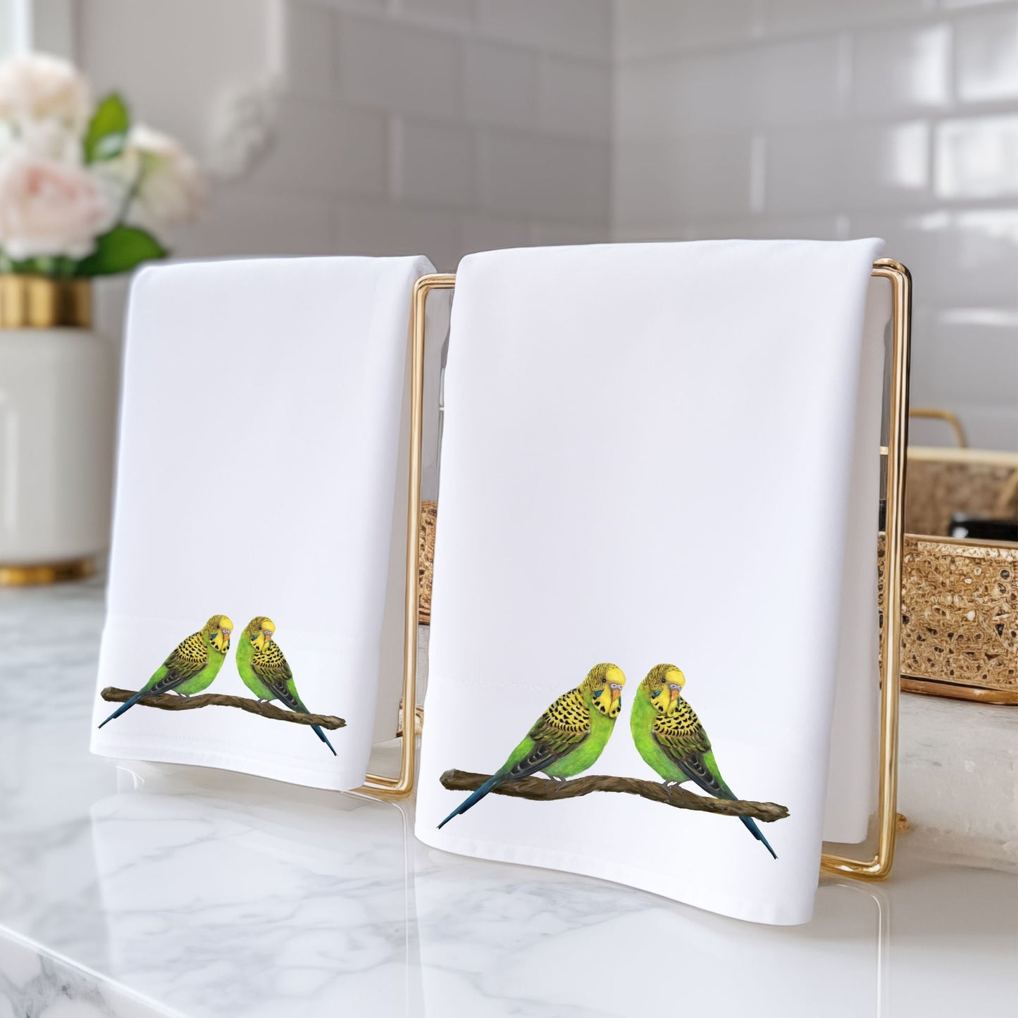 Green Budgie Pair Bathroom Towel - MerikaArt