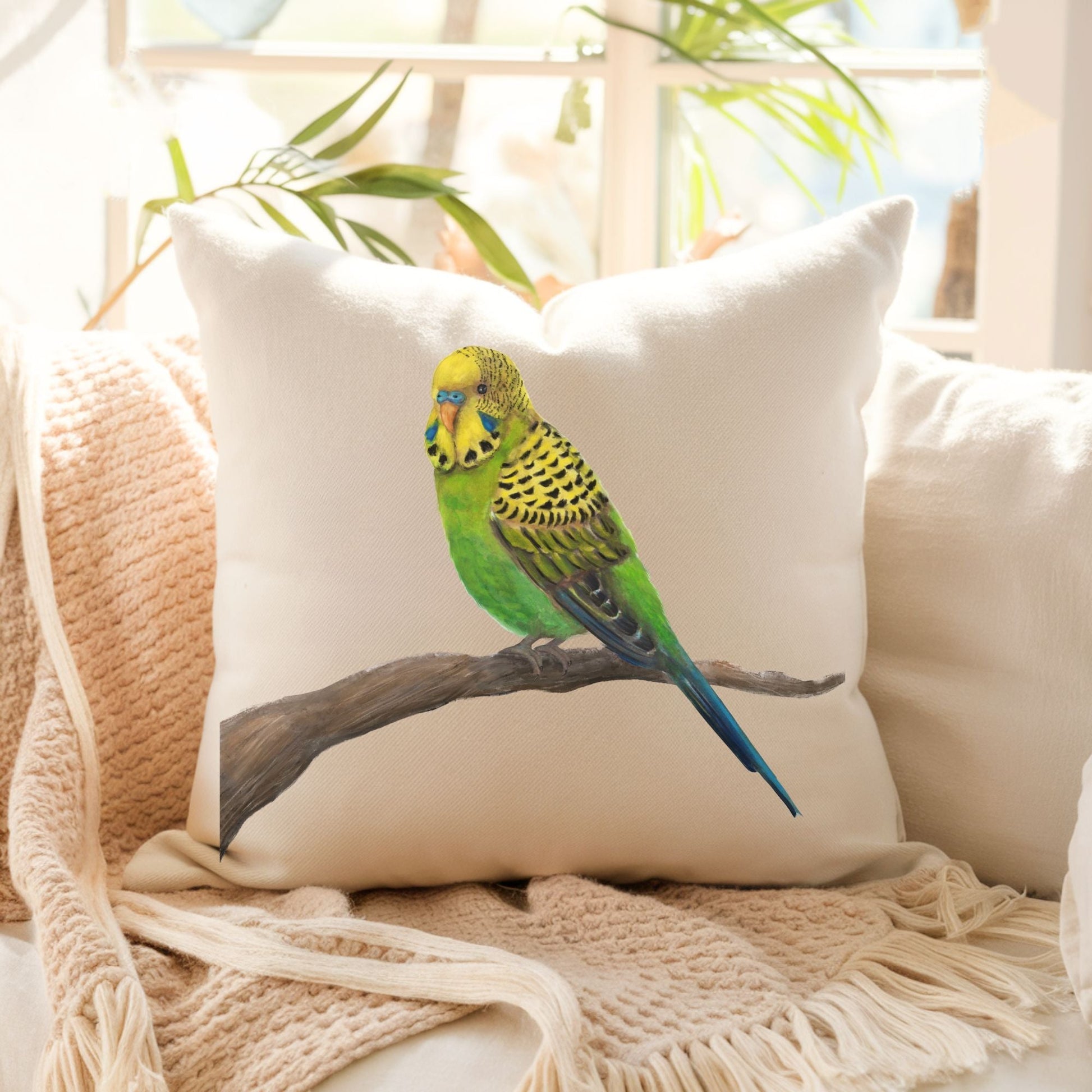 Green Budgie Pillow - MerikaArt