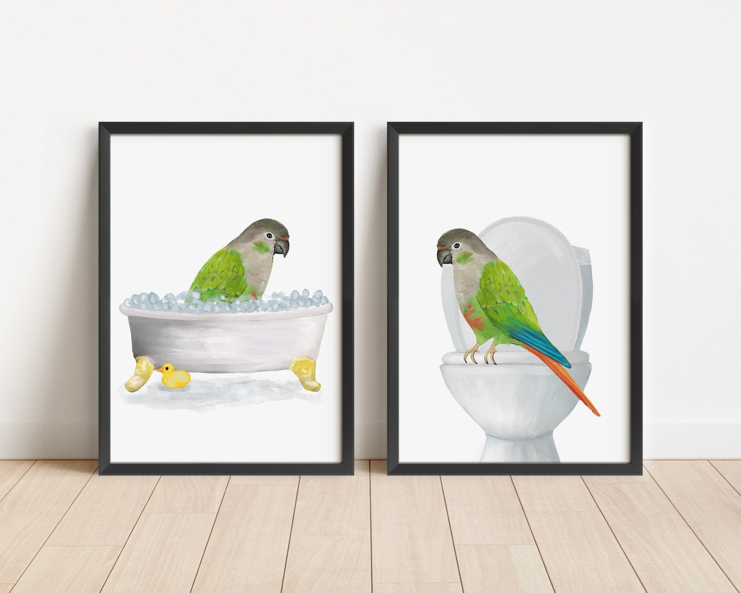 Green Cheek Conure Bathroom Set of 2, Parrot On Toilet Print, Bird In Bathroom, Animal Bathroom Wall Art, Bird Memorial Painting, Bird Lover - MerikaArt
