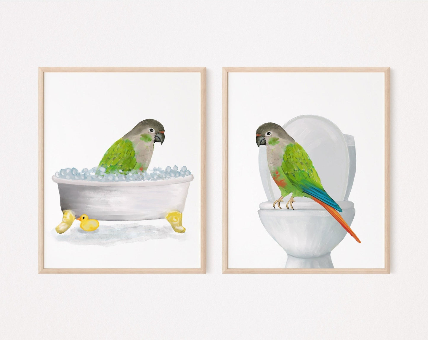 Green Cheek Conure Bathroom Set of 2, Parrot On Toilet Print, Bird In Bathroom, Animal Bathroom Wall Art, Bird Memorial Painting, Bird Lover - MerikaArt