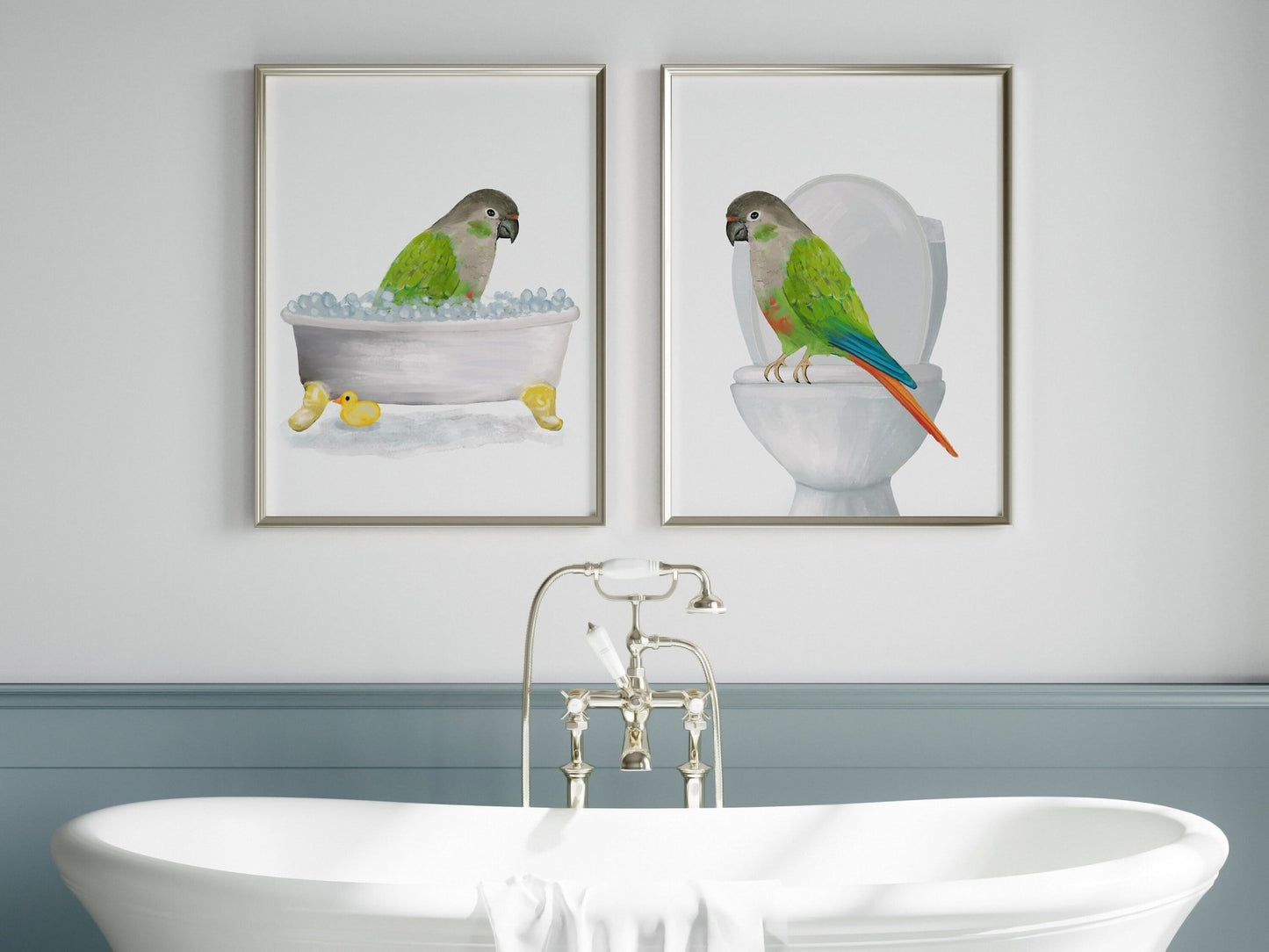 Green Cheek Conure Bathroom Set of 2, Parrot On Toilet Print, Bird In Bathroom, Animal Bathroom Wall Art, Bird Memorial Painting, Bird Lover - MerikaArt