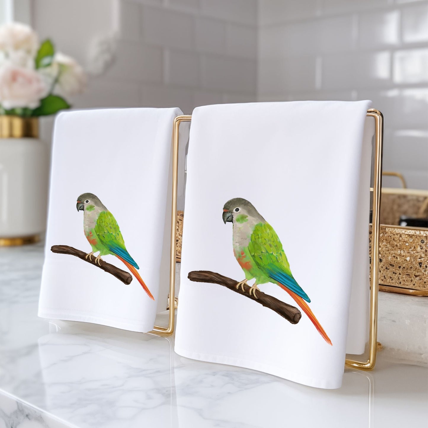 Green Cheek Conure Bathroom Towel - MerikaArt