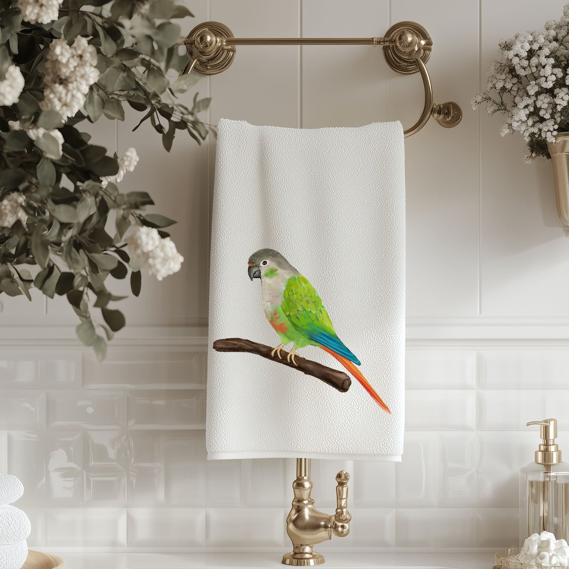 Green Cheek Conure Bathroom Towel - MerikaArt