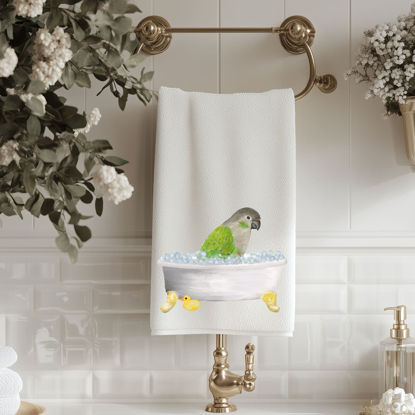 Green Cheek Conure in Bathtub Bathroom Towel - MerikaArt