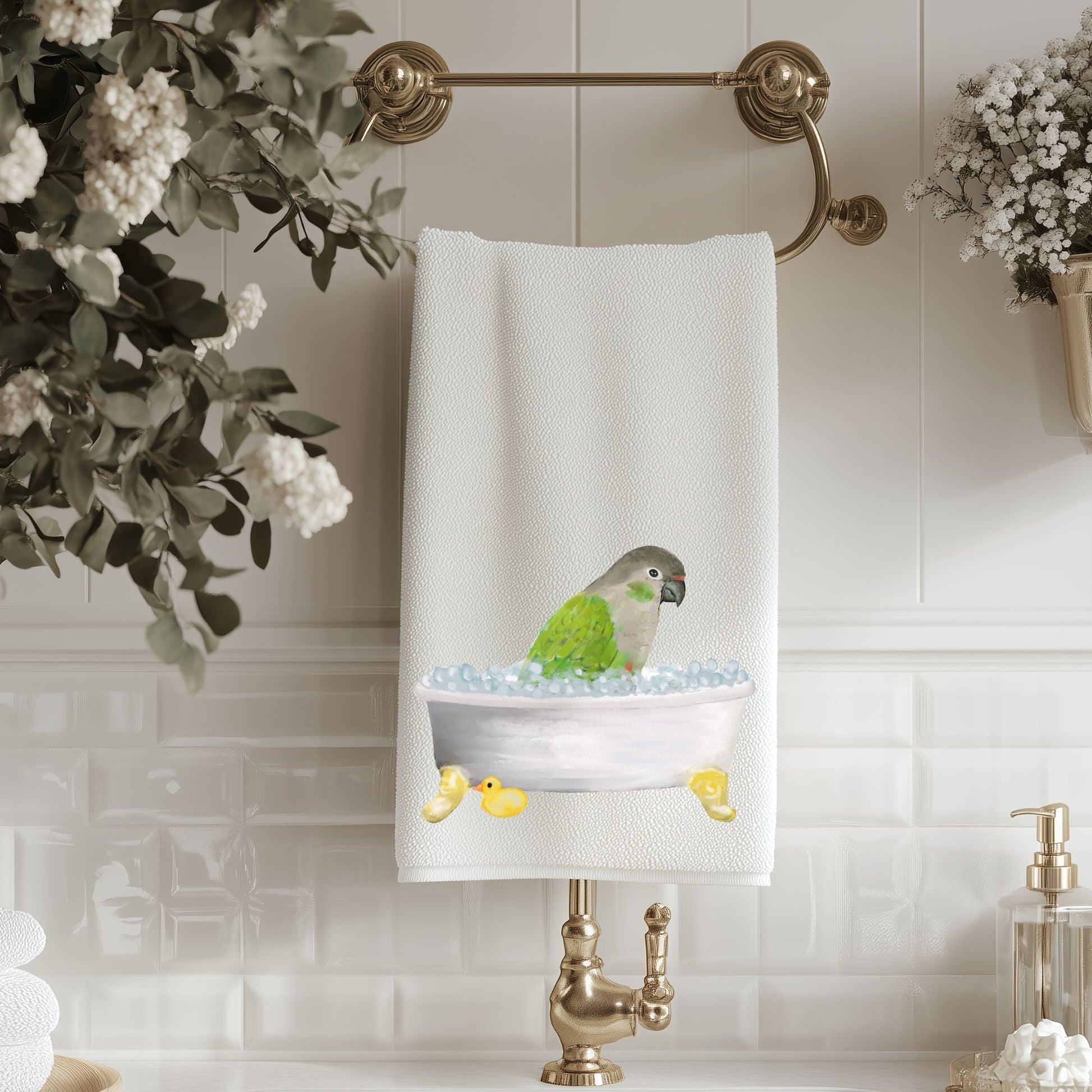 Green Cheek Conure in Bathtub Bathroom Towel - MerikaArt