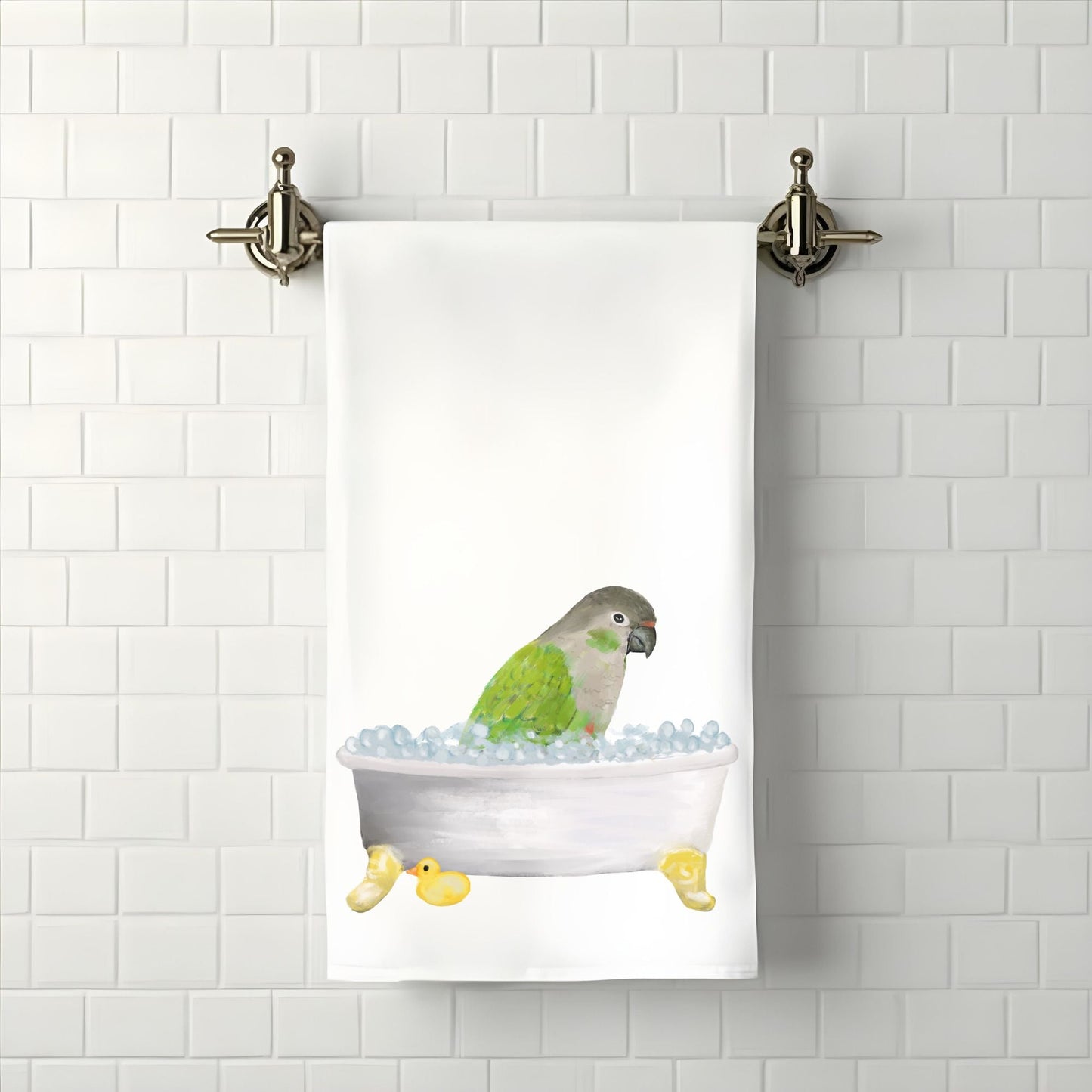 Green Cheek Conure in Bathtub Bathroom Towel - MerikaArt