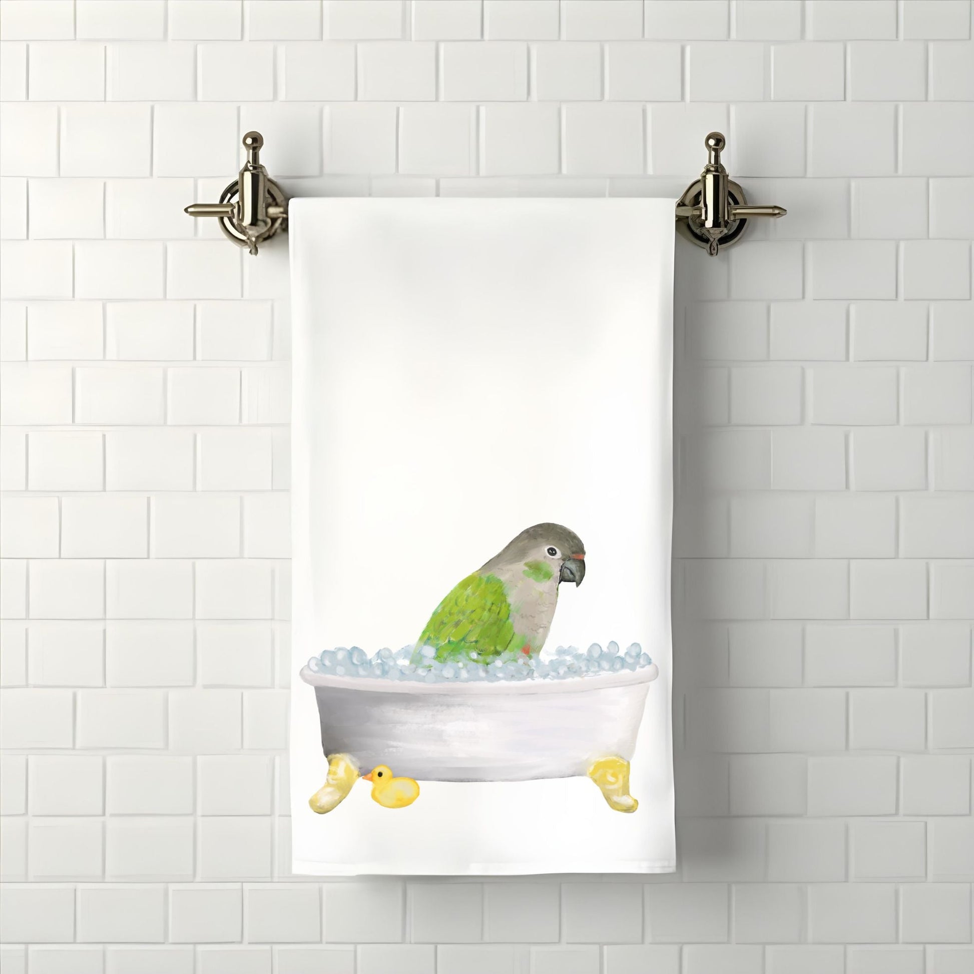 Green Cheek Conure in Bathtub Bathroom Towel - MerikaArt