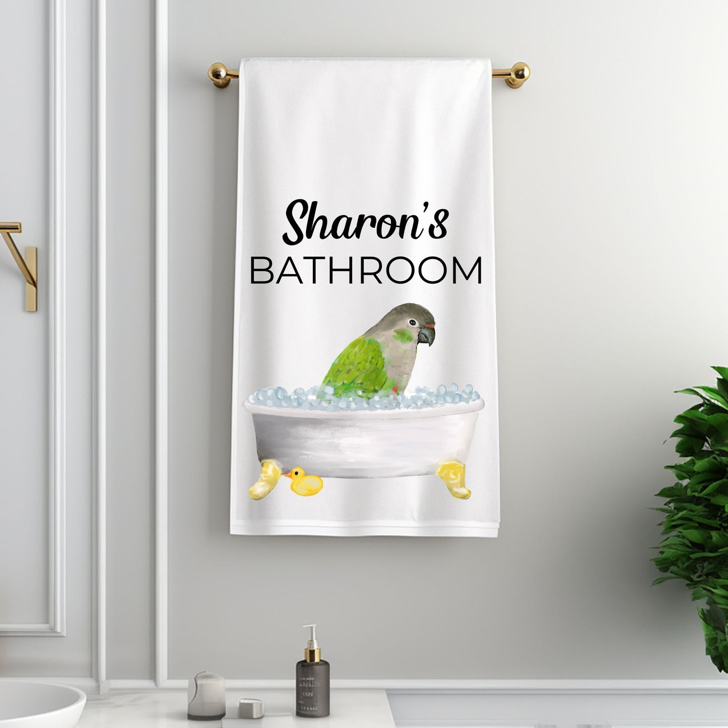 Green Cheek Conure in Bathtub Bathroom Towel - MerikaArt
