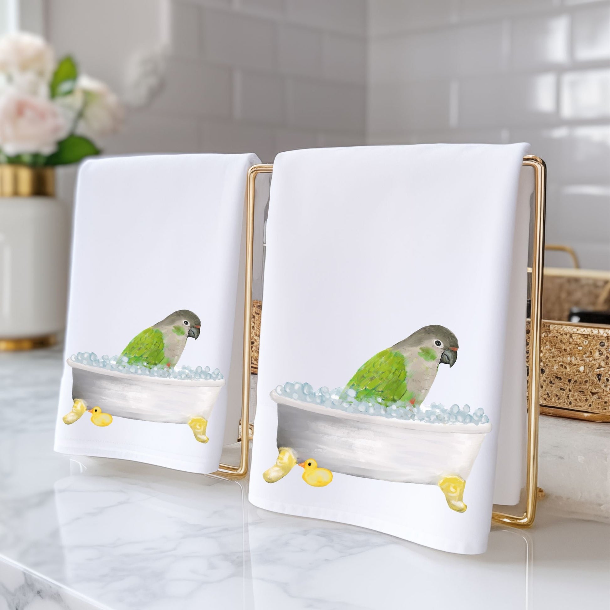 Green Cheek Conure in Bathtub Bathroom Towel - MerikaArt
