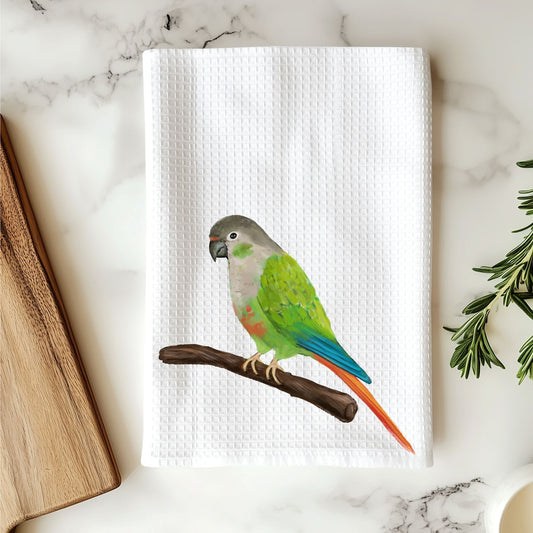 Green Cheek Conure Kitchen Towel - MerikaArt