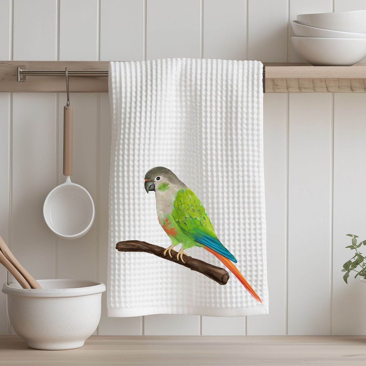Green Cheek Conure Kitchen Towel - MerikaArt