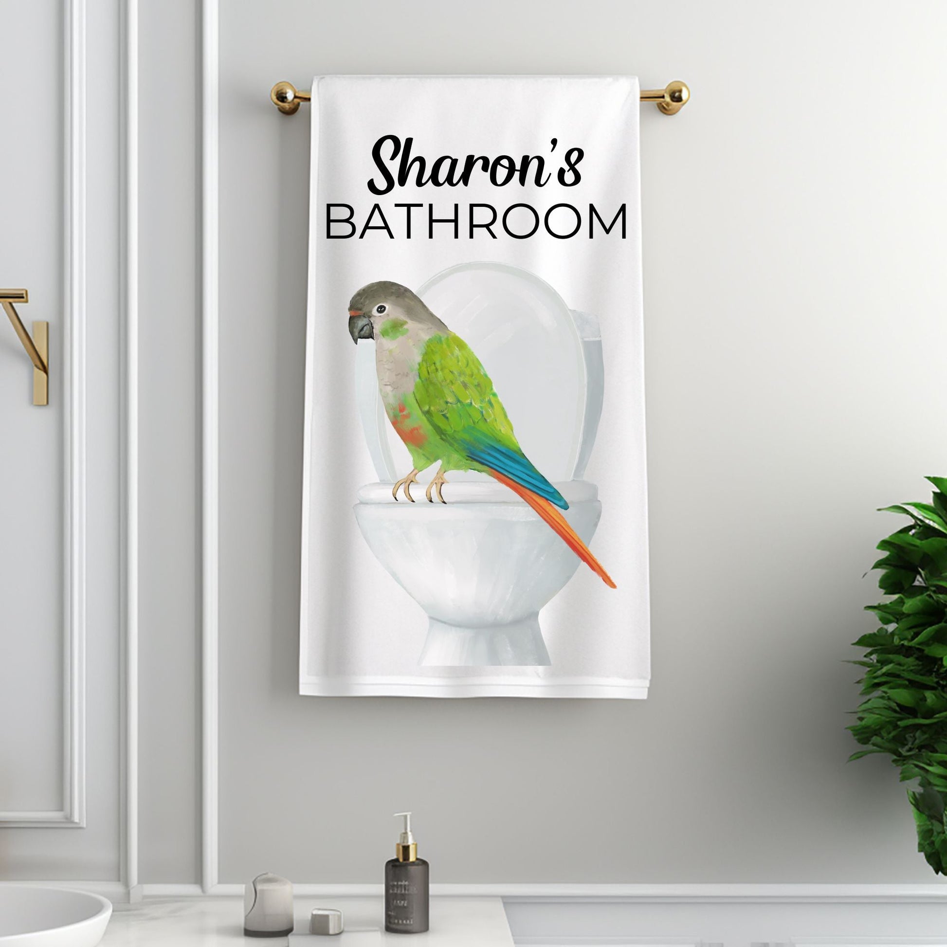 Green Cheek Conure on Toilet Bathroom Towel - MerikaArt