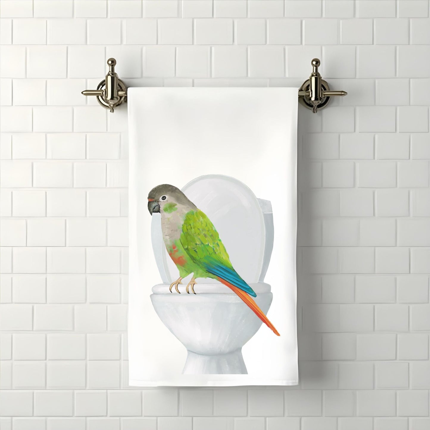 Green Cheek Conure on Toilet Bathroom Towel - MerikaArt