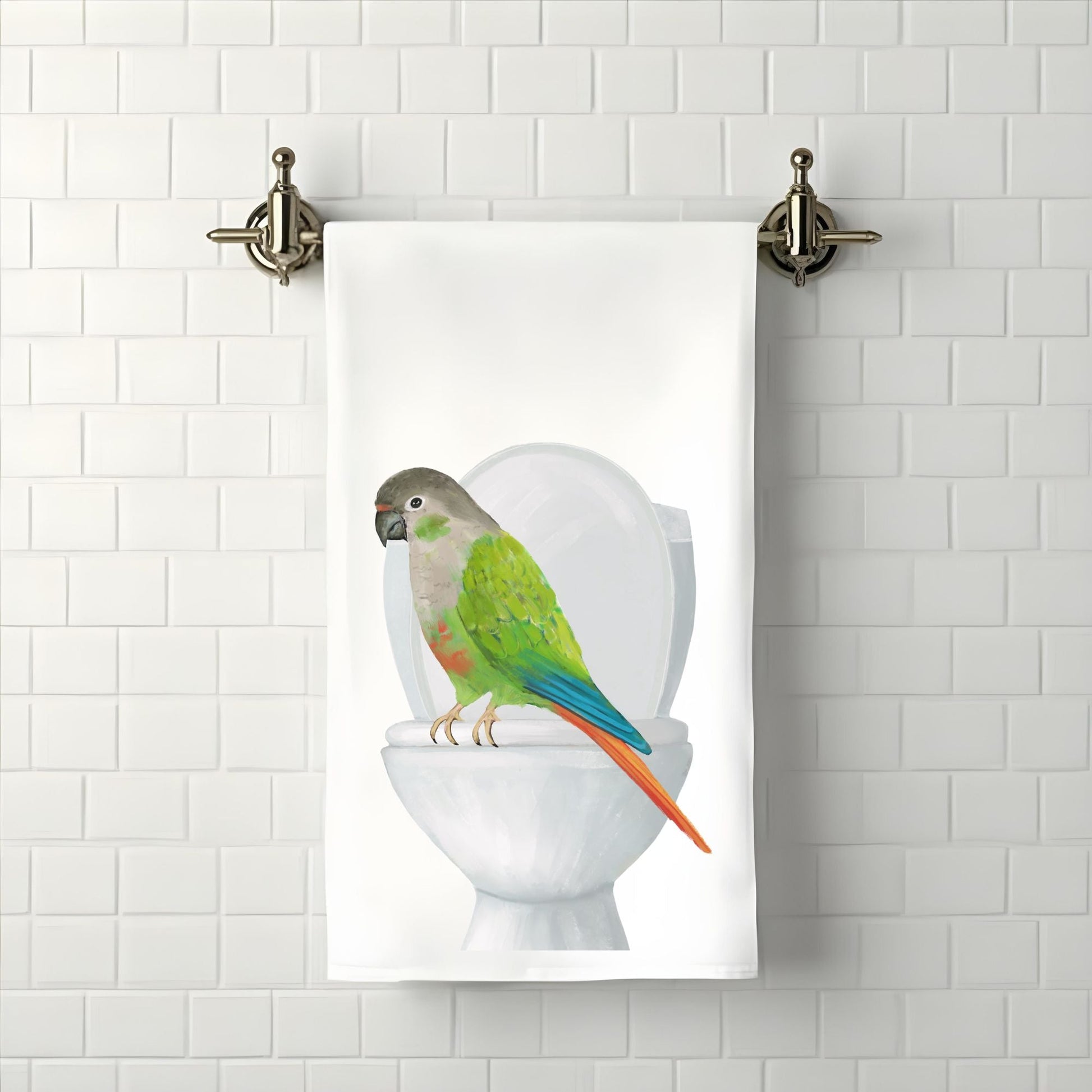 Green Cheek Conure on Toilet Bathroom Towel - MerikaArt