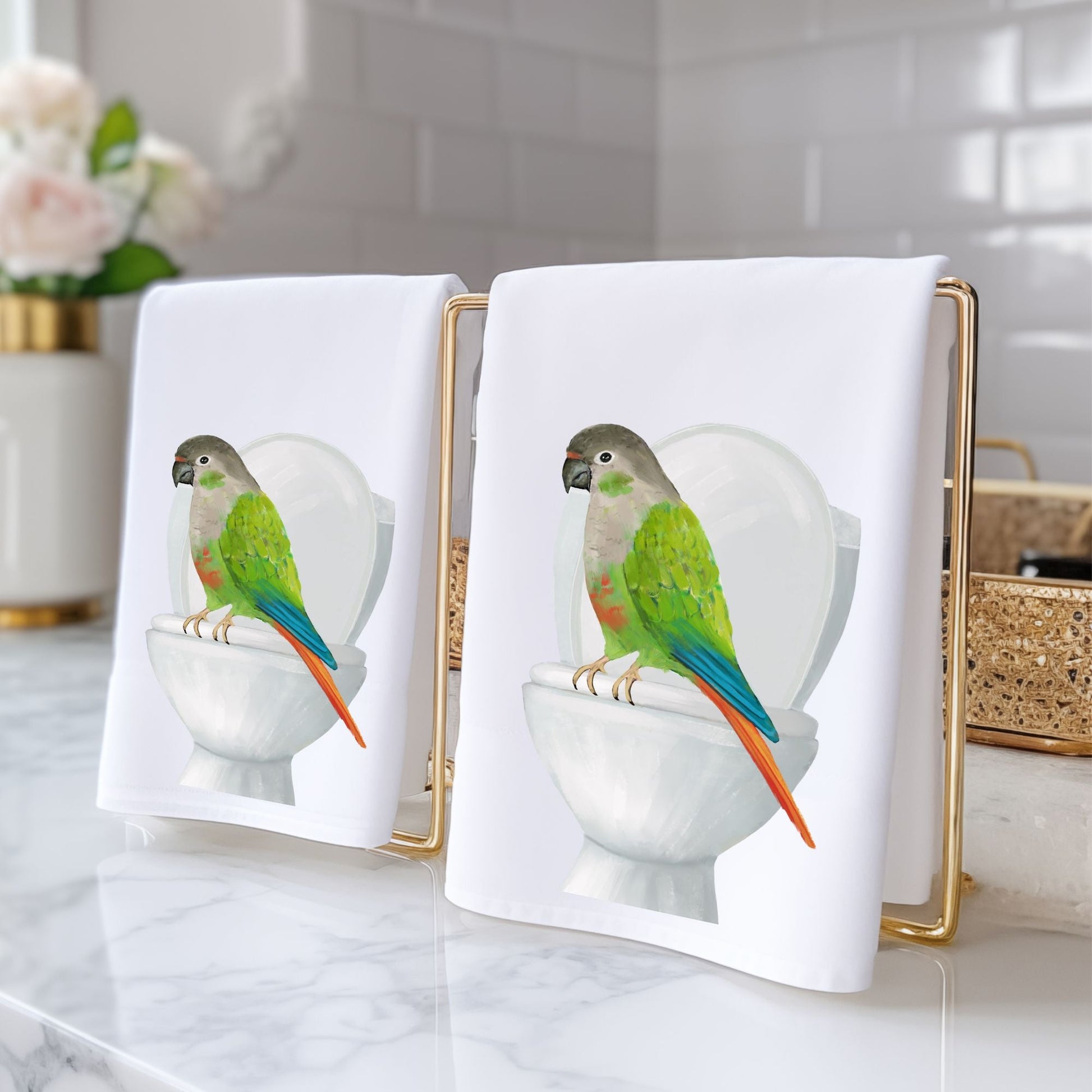Green Cheek Conure on Toilet Bathroom Towel - MerikaArt